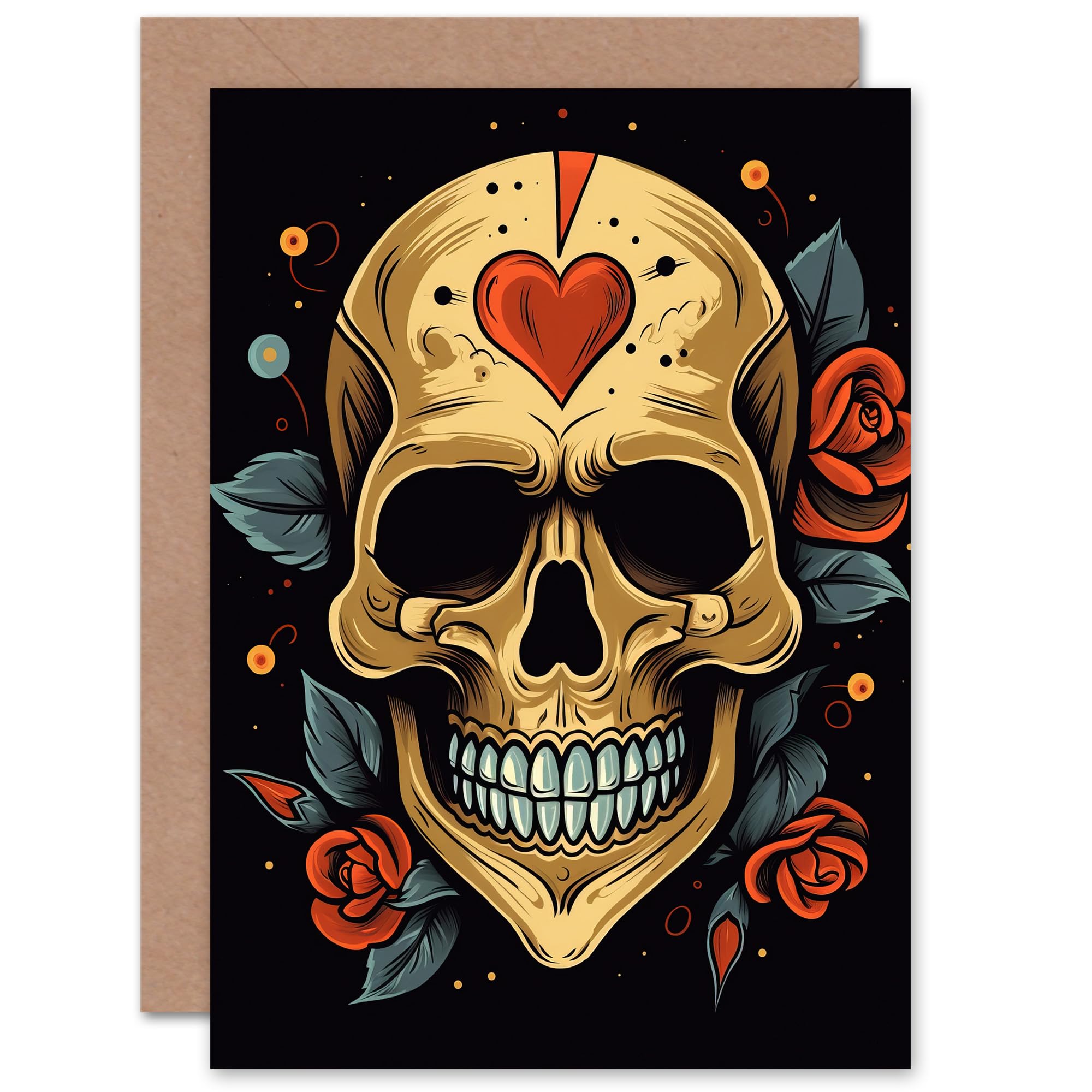 Artery8 Skull Heart and Roses Gothic Love for Him or Her Man Woman Birthday Thank You Congratulations Blank Art Greeting Card