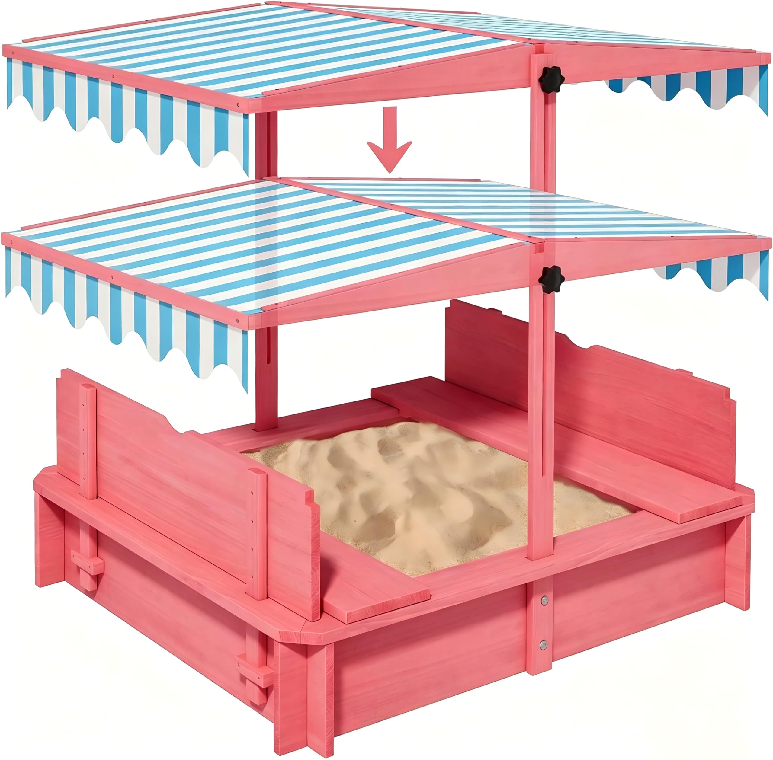 Kids Wooden Sandbox, 43x43 Inch with Adjustable UV Canopy, Lid, 2 Foldable Benches & Bottom Liner – Outdoor Play Sandbox for Backyard Garden Beach