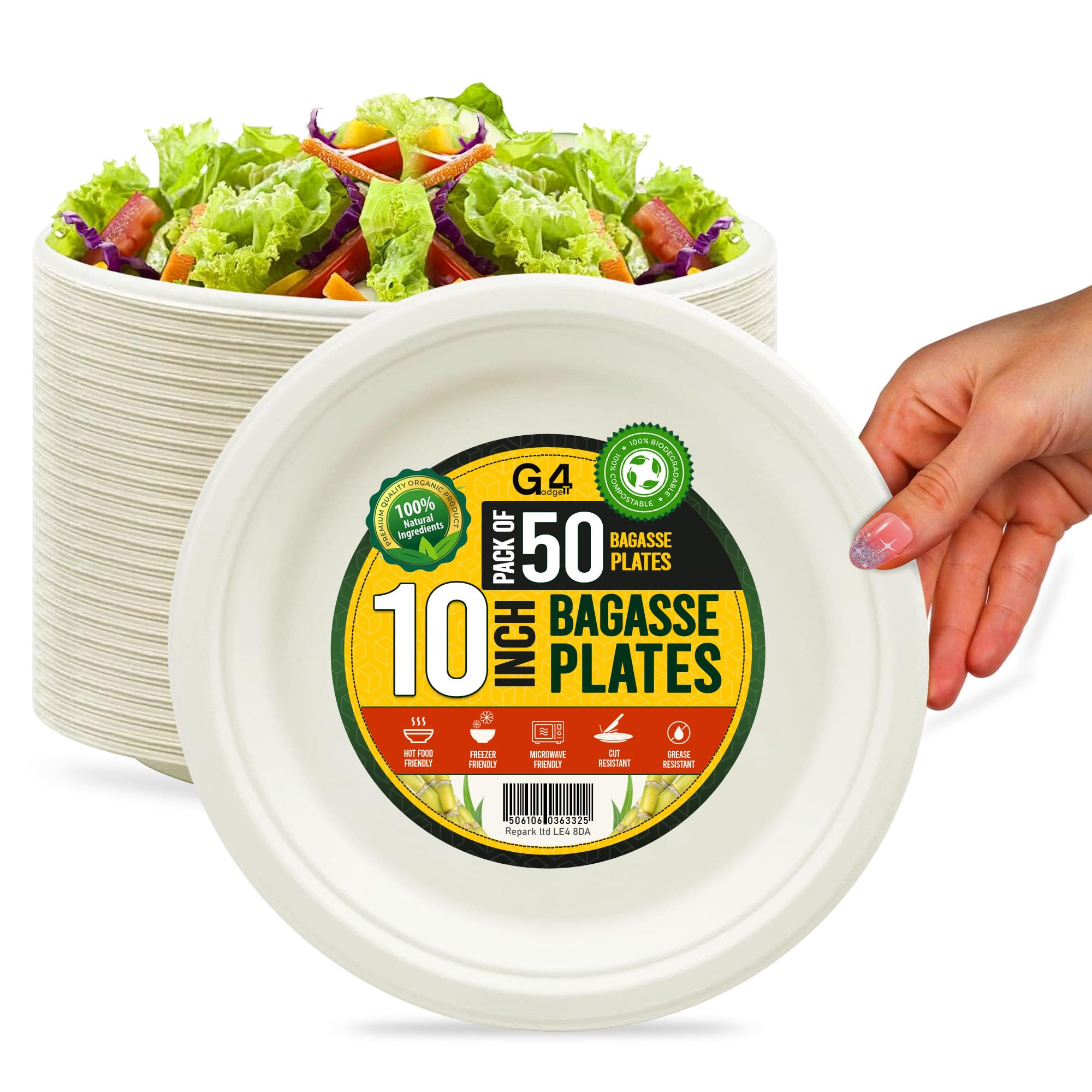 Assiettes en bagasse de canne à sucre 25,4 cm G4GADGET jetables et compostables x50