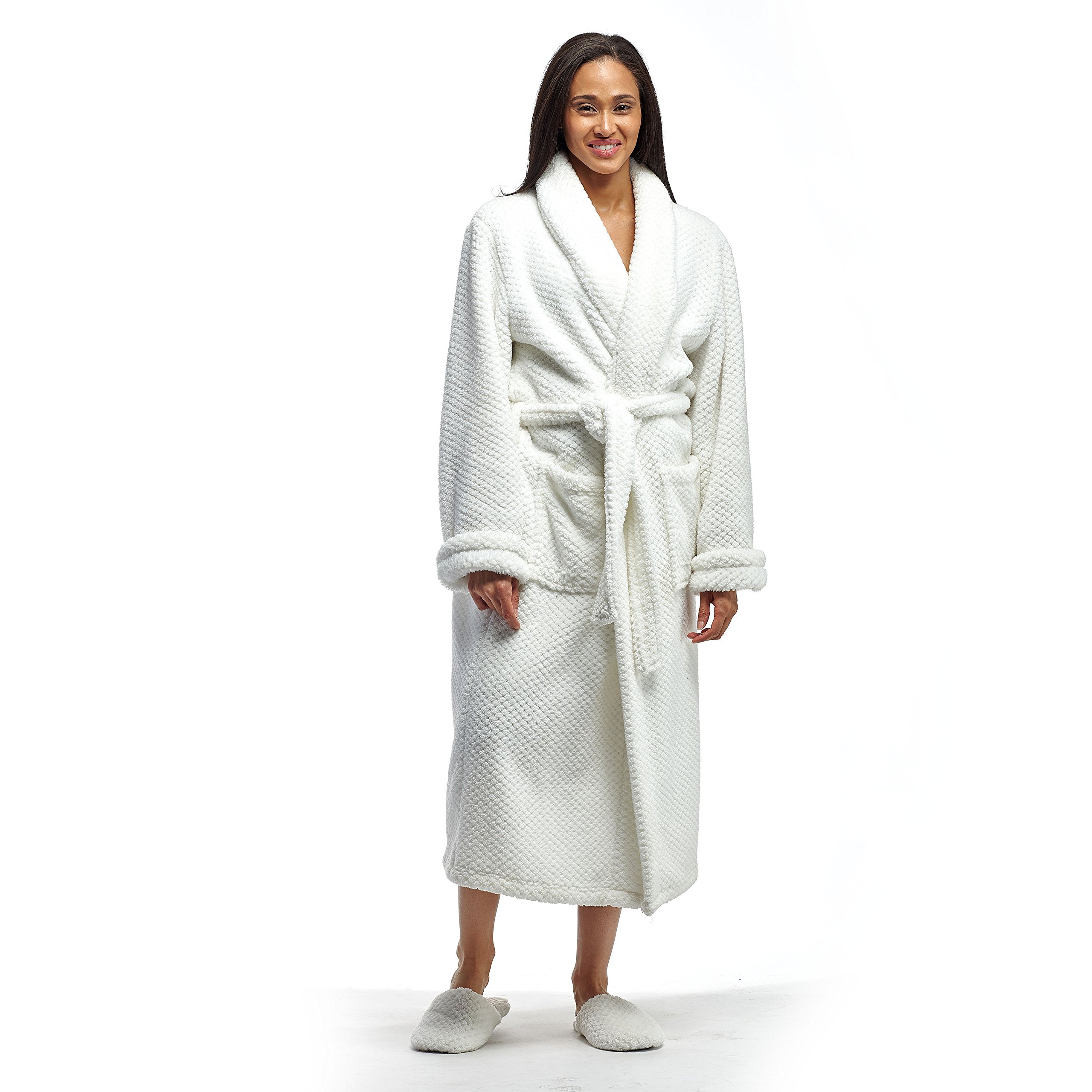 LA CERA Women's Fleece Robe - 100% Polyester, Honeycomb Pattern, Long Sleeve, Belted, Two Front Pockets, Stylish and Cozy