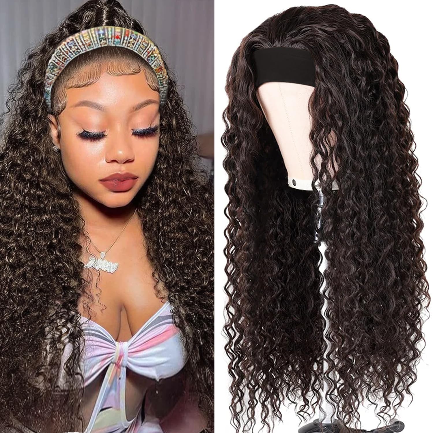 Headband Wig Human Hair Deep Wave Half Wigs Glueless None Lace Front Wigs with Headband Attached Brazilian Human Hair Headband Wigs Glueless Curly