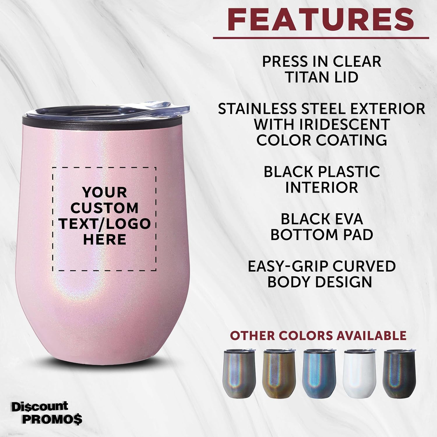 Custom Palmera Stemless Wine Tumblers with Lids 12 oz. Set of 6/12/24 by DISCOUT PROMOS, Personalized Bulk Pack - Perfect for Wine, Cocktails, Other Hot & Cold Beverages - Iridescent Pink