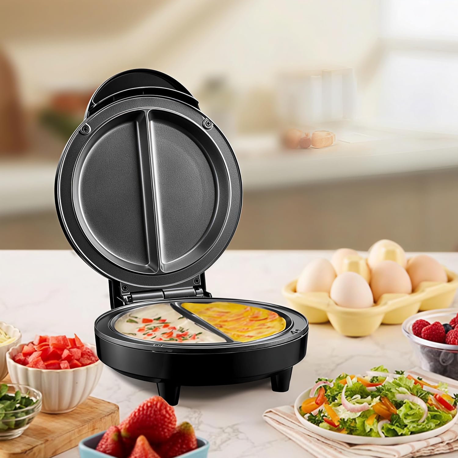 Dual-Zone Electric Omelette Maker, Electric Omelette Maker Nonstick with Indicator Lights, Compact Countertop Egg Maker with Cool-Touch Handle & Stable Base, Easy Breakfast Cooking