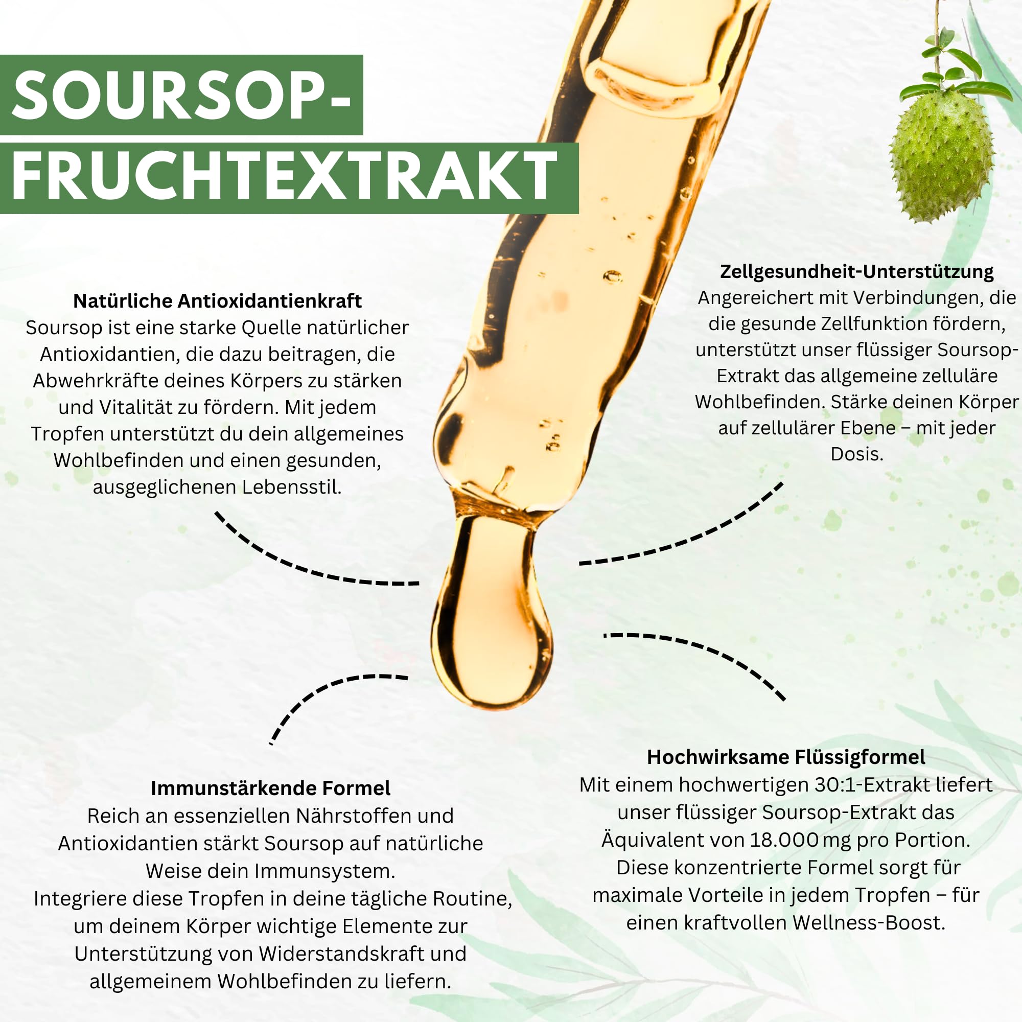 Graviola Tropfen für Zellunterstützung & Regeneration | Hochdosiert 600mg pro Portion (30:1 Extrakt entspricht 18000mg) | Starkes Antioxidans & Immununterstützung - Monatsvorrat - 60ml