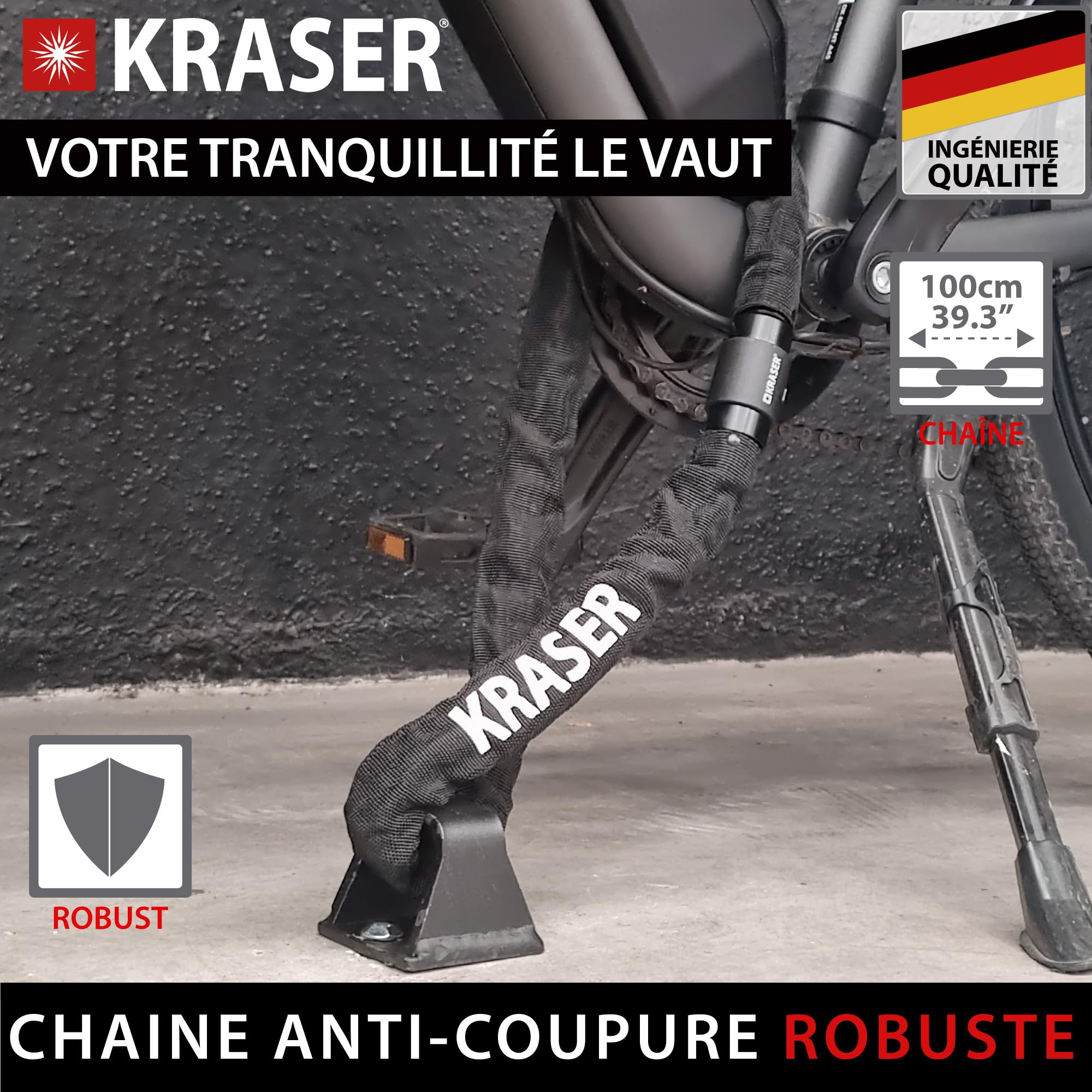 KRASER KR620 Chaine Antivol Velo Maillons en Acier ø6mm, 120cm, Serrure de Sécurité et Capuchon, Chaine Légère, Antivol Moto, Verrouillage Roue, Blocage Universel Scooter, Vélo Électrique, Trottinette