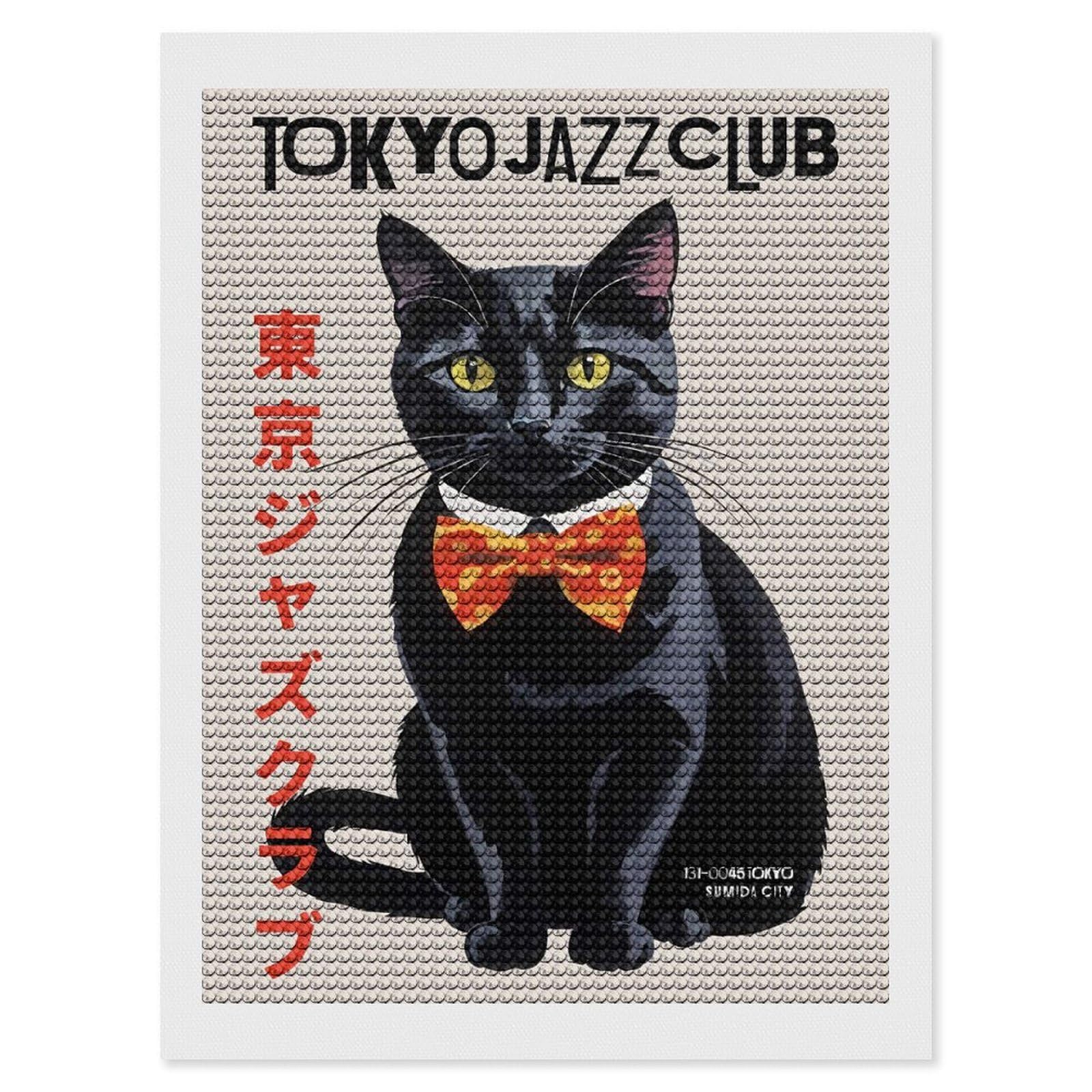 Junmoney Tokyo Jazz Club Cat Diamond Painting Canvas Set 12"x16", Easy to Enjoy, Adhesive Canvas, Office Decor, Holiday Gift Idea, with Tool Kit