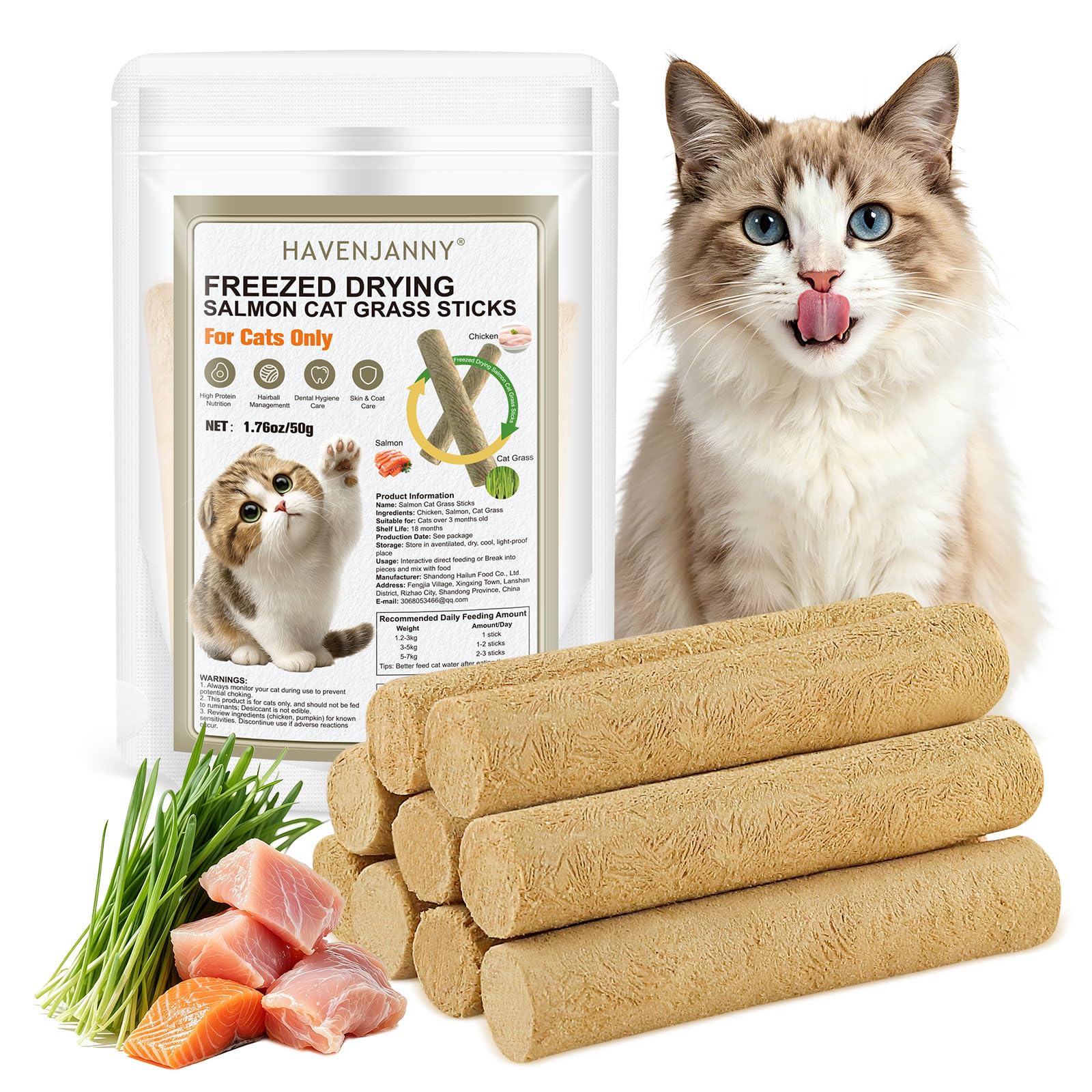 50g Cat Grass Treats, Chicken Salmon Cat Grass Stick for Hairball Remove and Teeth Cleaning, Edible Cats Snack