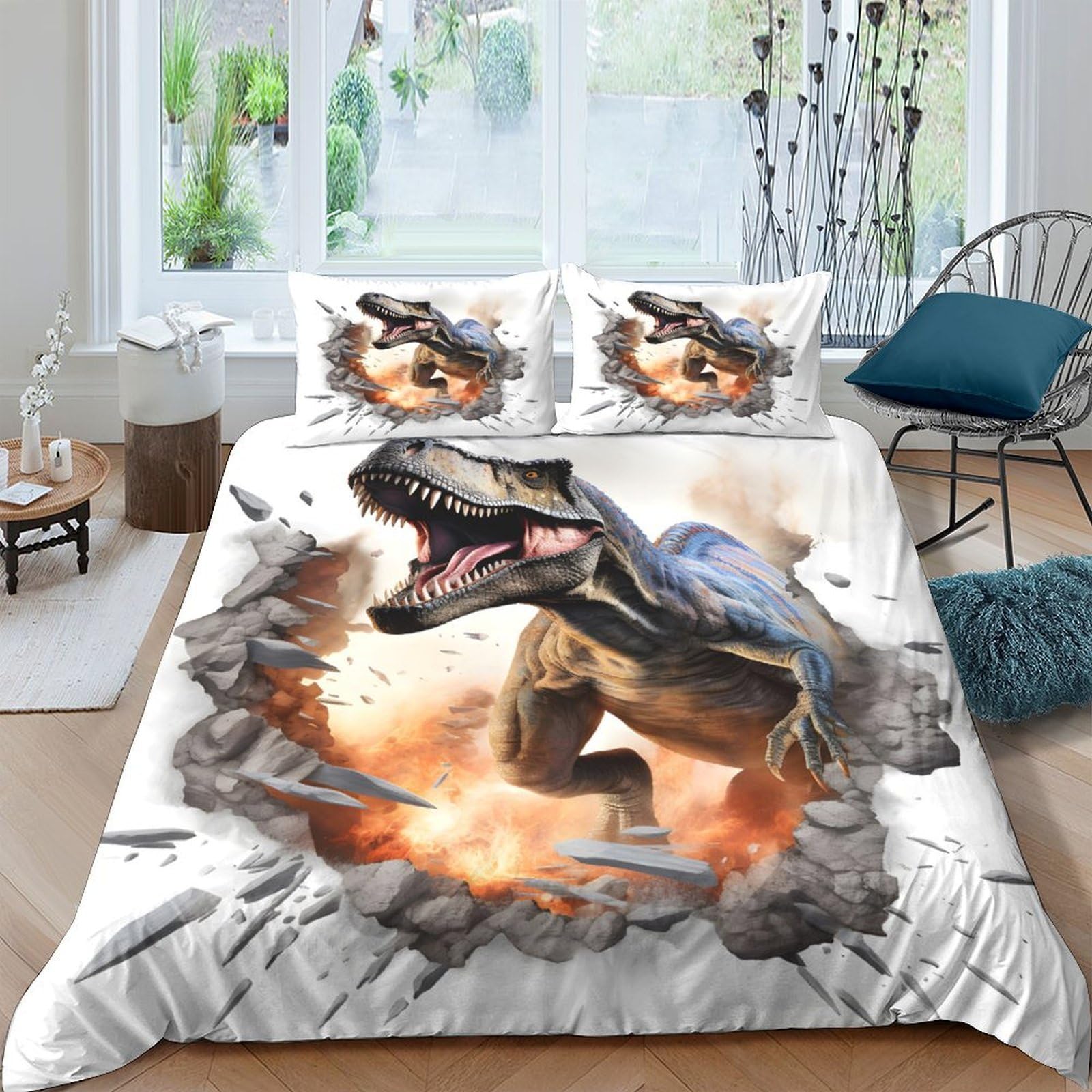 TUFRTGYHN 3D Printed Dinosaur Explosion Duvet Cover Microfiber Soft Skin-Friendly Volcano Bedding Set with 2 Pillowcases for Bedroom Decor Single（135x200cm）