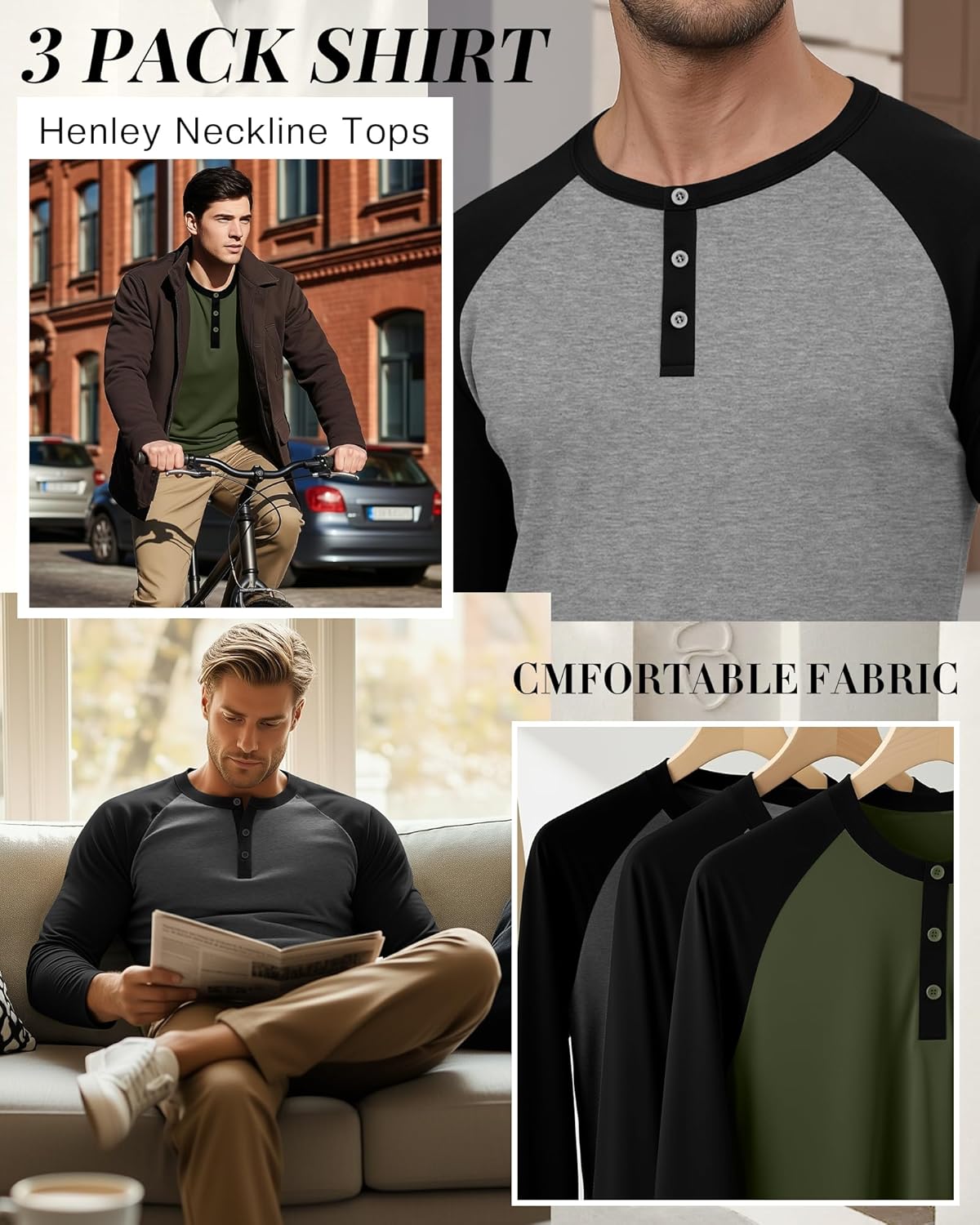 3 Pack Men's Long Sleeve Baseball Raglan T-Shirts S-3XL, Henley Tops Sport Athletic Jersey Buttons Tee Shirts - Image 2