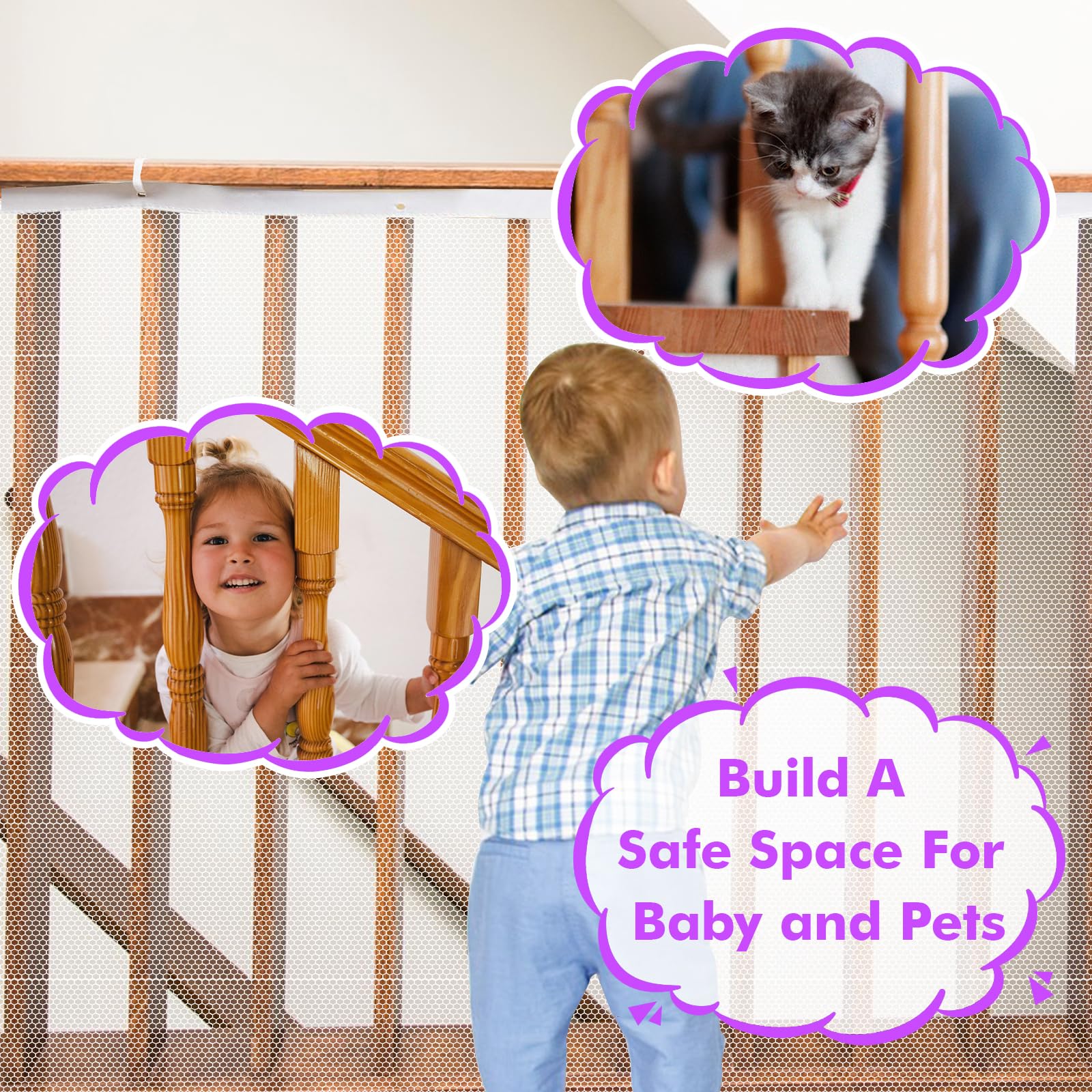 tupi Banister Guard for Baby - 15ft Lx 3ft H, Premium Balcony Netting for Pets, Child Safety Net, Stair Railing Proof Mesh for Kids, Toys, Pets - White