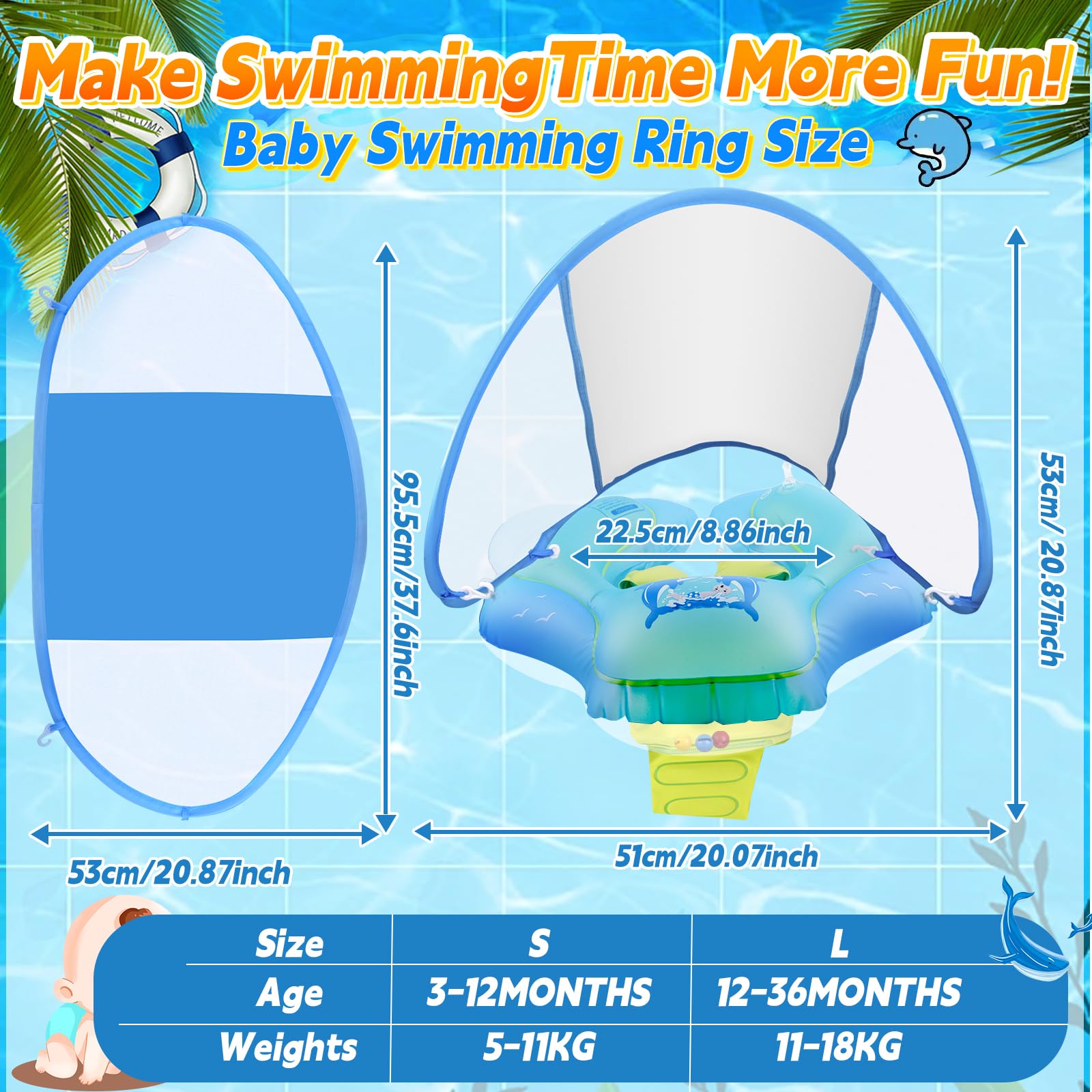 Baby Swimming Float, Baby Pool Float with Canopy, Inflatable Whale Baby Swimming Ring with Safety Seat - Image 6
