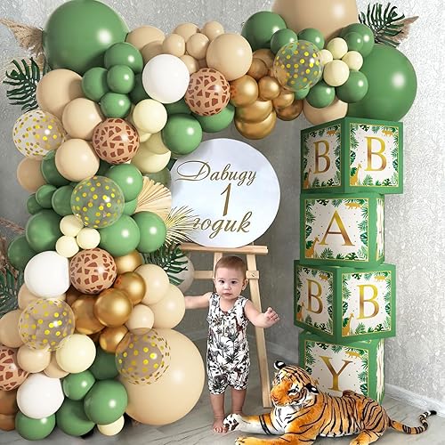 Miniatura 5 de Cajas de Bebé Safari Selva Decoraciones de Baby Shower para Niño Niña, Kit de Arco de Guirnalda de Globos Safari con 4 Piezas de Cajas de Bebé de