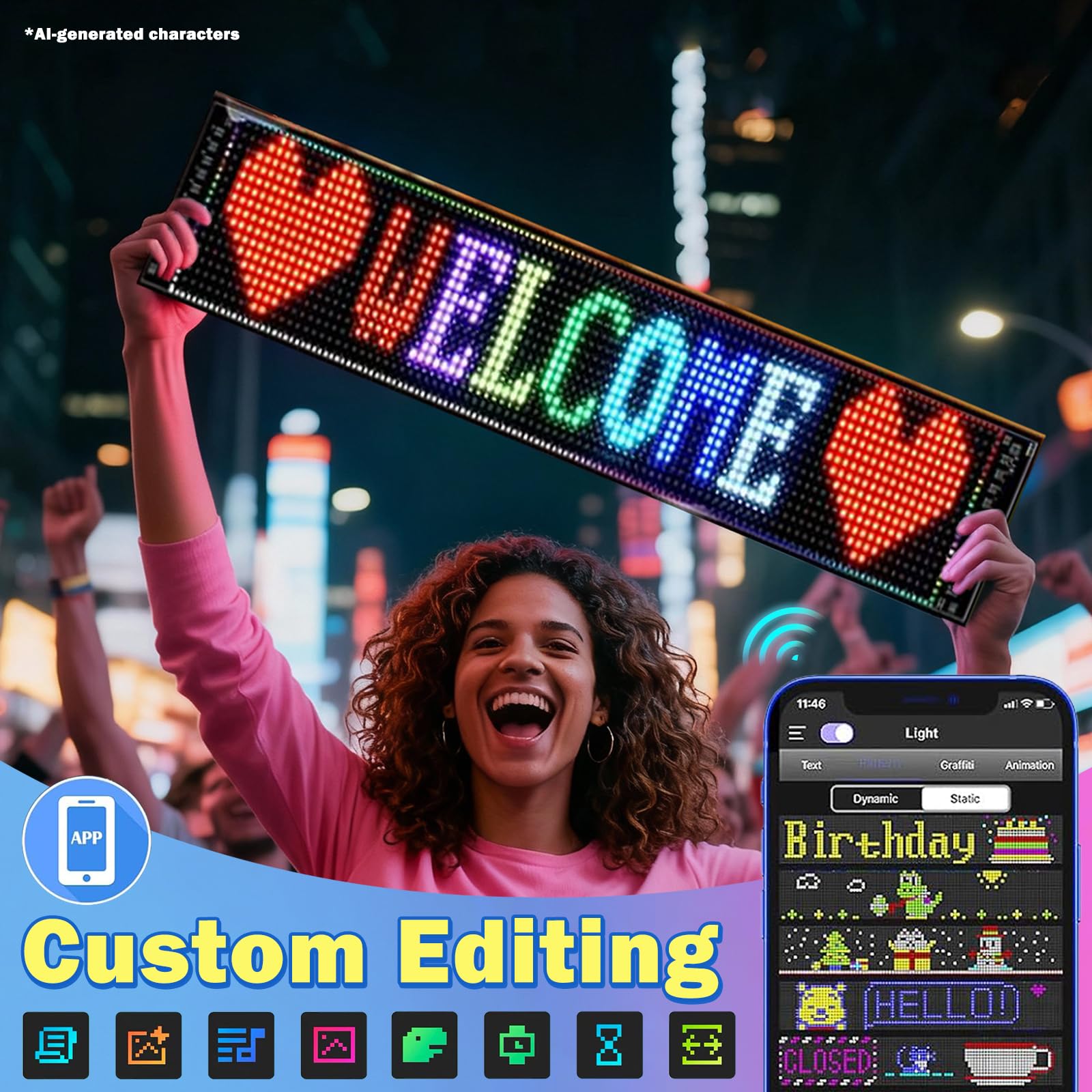 Tavola LED flessibile: App intelligente programmabile USB, scritta LED personalizzabile, cartellone flessibile IP65 impermeabile per decorazioni feste/negozi (9×37 cm)