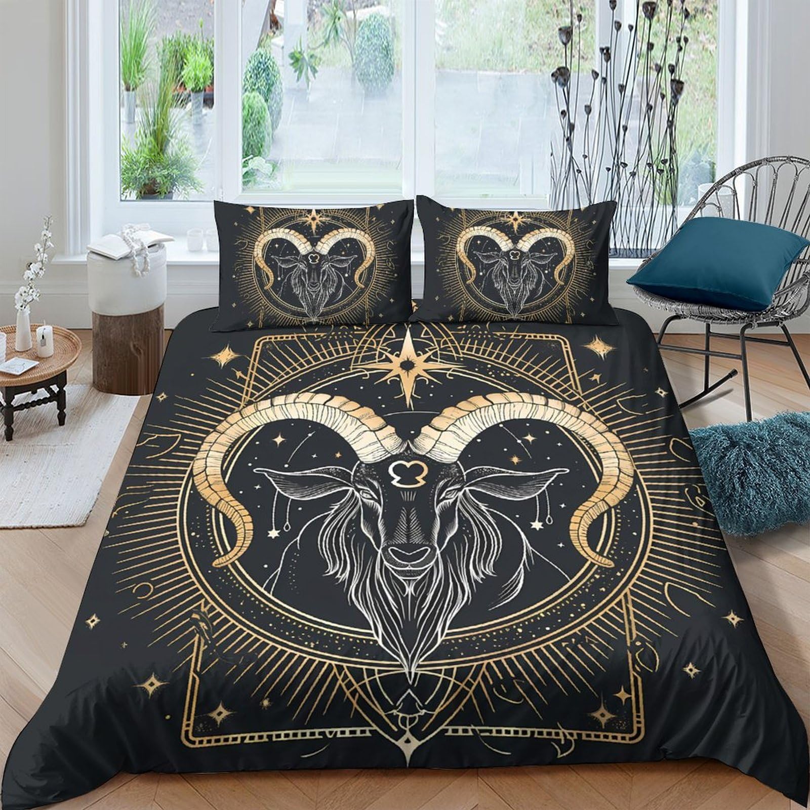 Ctjqhvkz Style-5 3D Printed Mystic Goat Skull Fitted Sheet Microfiber Black Gold Zodiac Mattress Cover Adult Teen Bedroom Decor Single（135X200cm）
