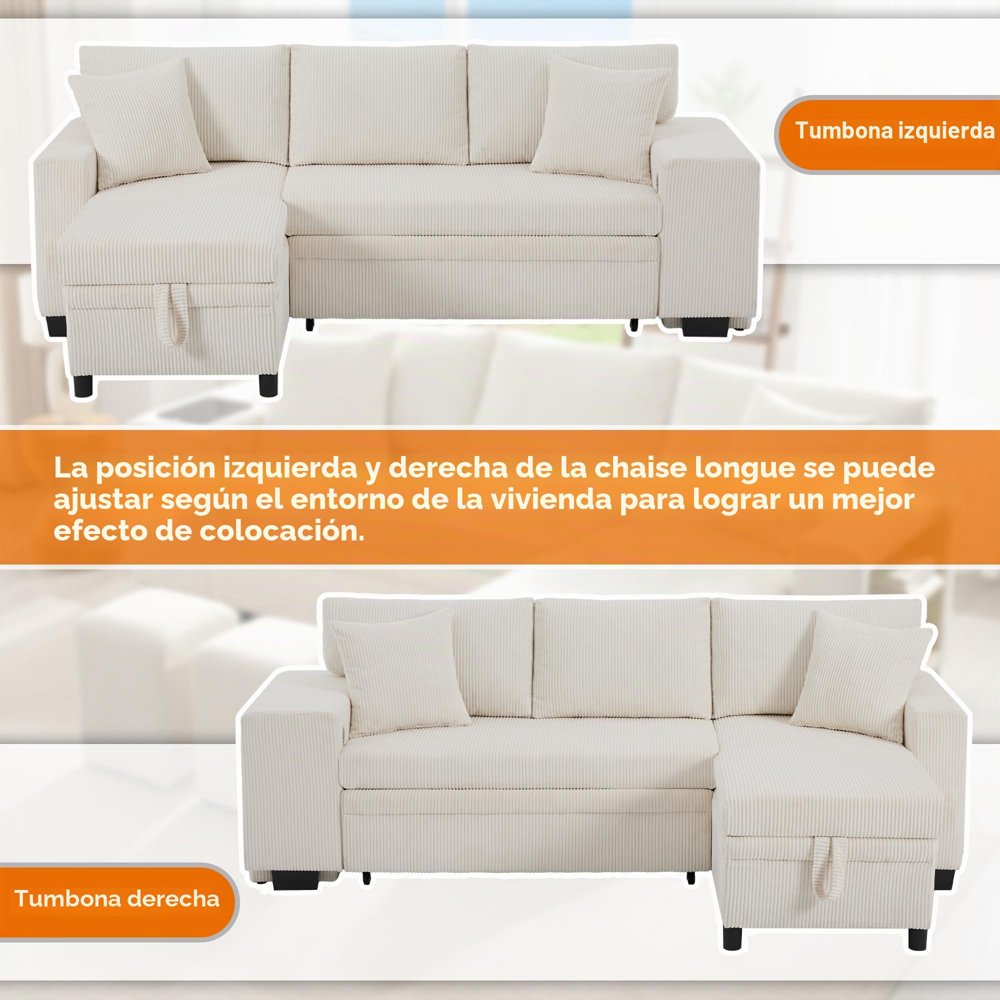 Sofá plegable convertible en L con dormitorio, carga USB y estantes laterales