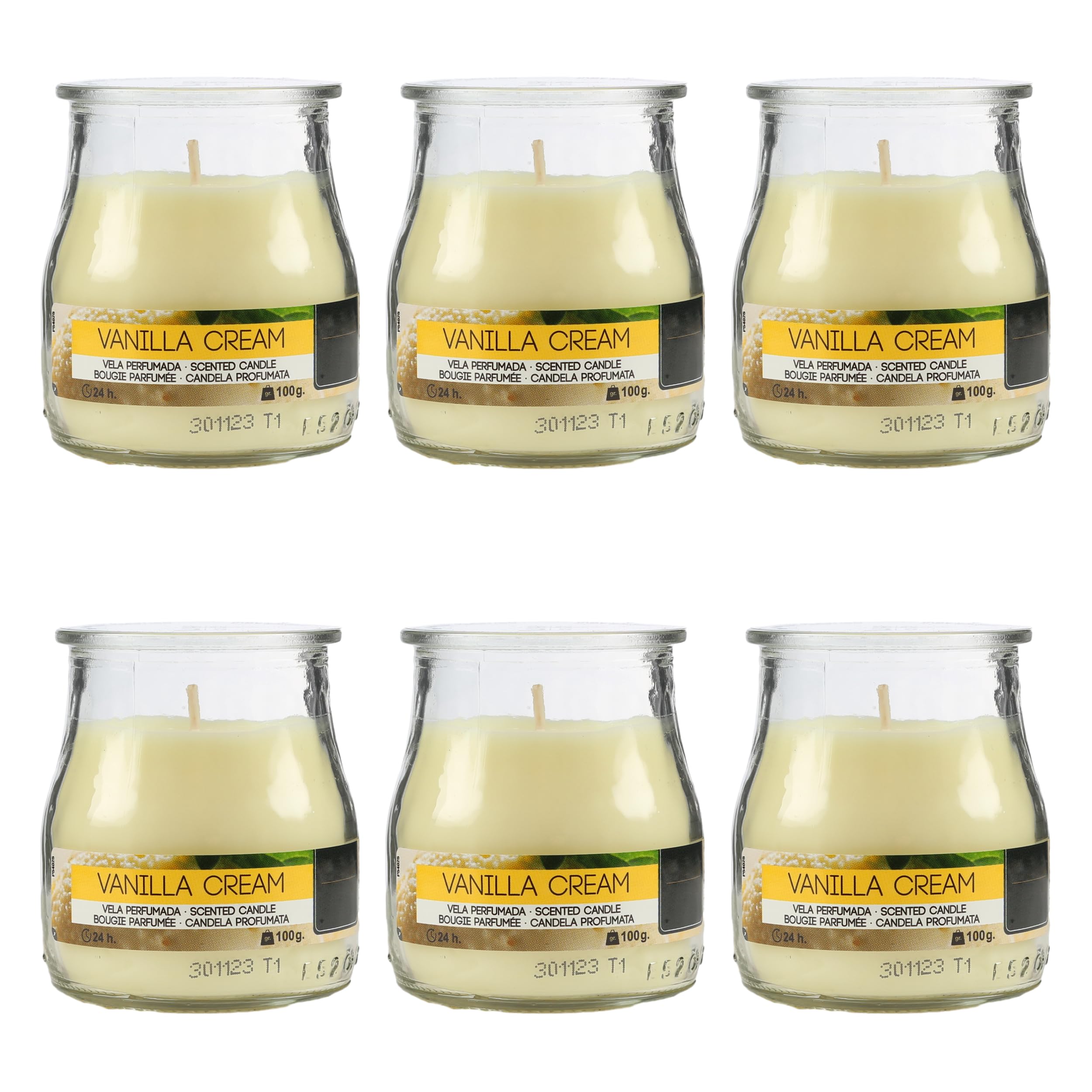 Pack de 6 Velas Aromáticas en Vaso de Yogurt de Cristal Reciclable - 24h de Duración，Cera Vegetal Perfumada, Fabricadas en España, 7x6cm (Vainilla Cream)
