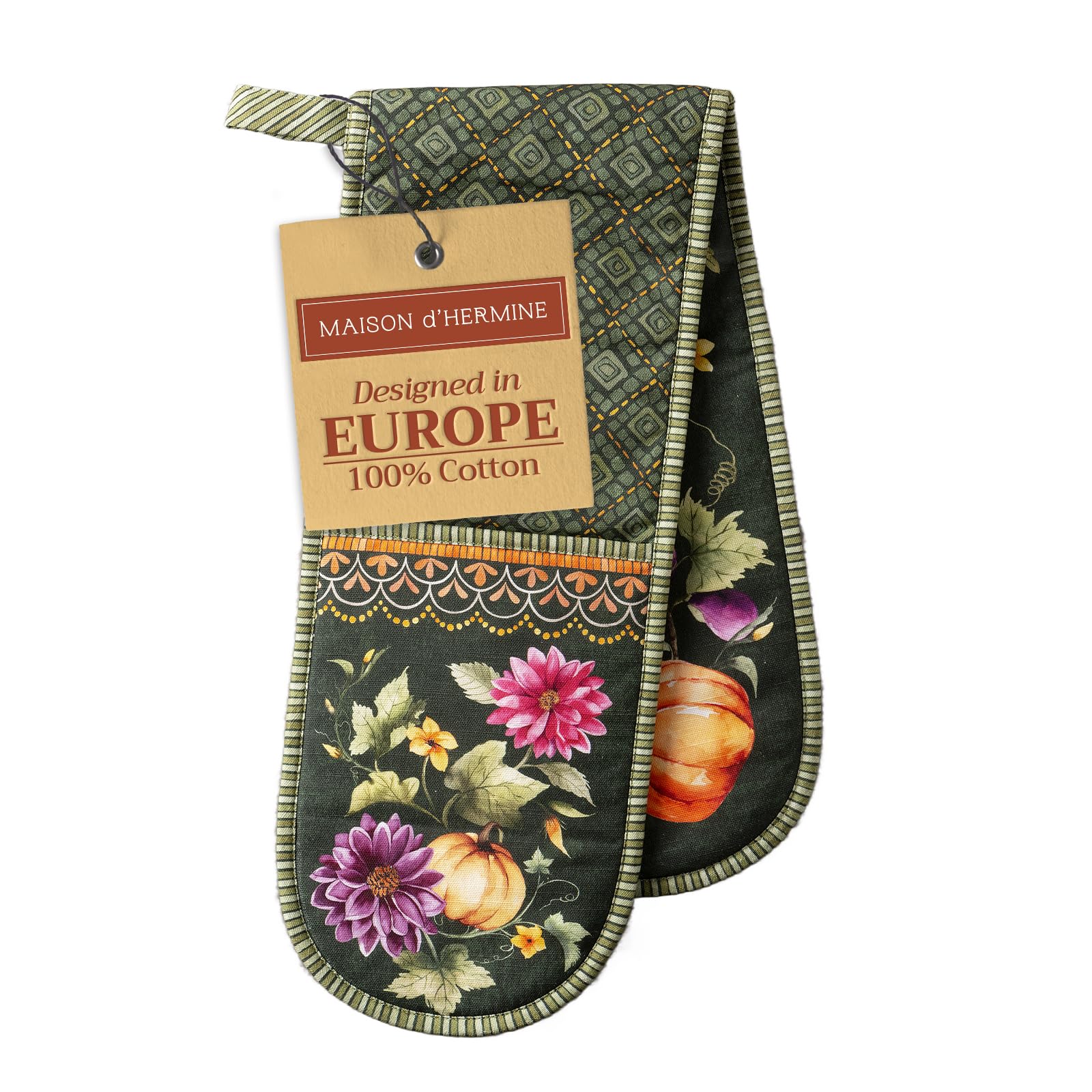 Maison D' Hermine 080 - Pumpkin Garden - Dark Green Double Oven Mitt (18 Cm X 89 Cm) 100% Cotton Heat Resistant Bbq Cooking Gloves With Loop For Christmas Decorations Cooking Barbeque Handling Hot Pan (Pumpkin Garden - Dark Green)