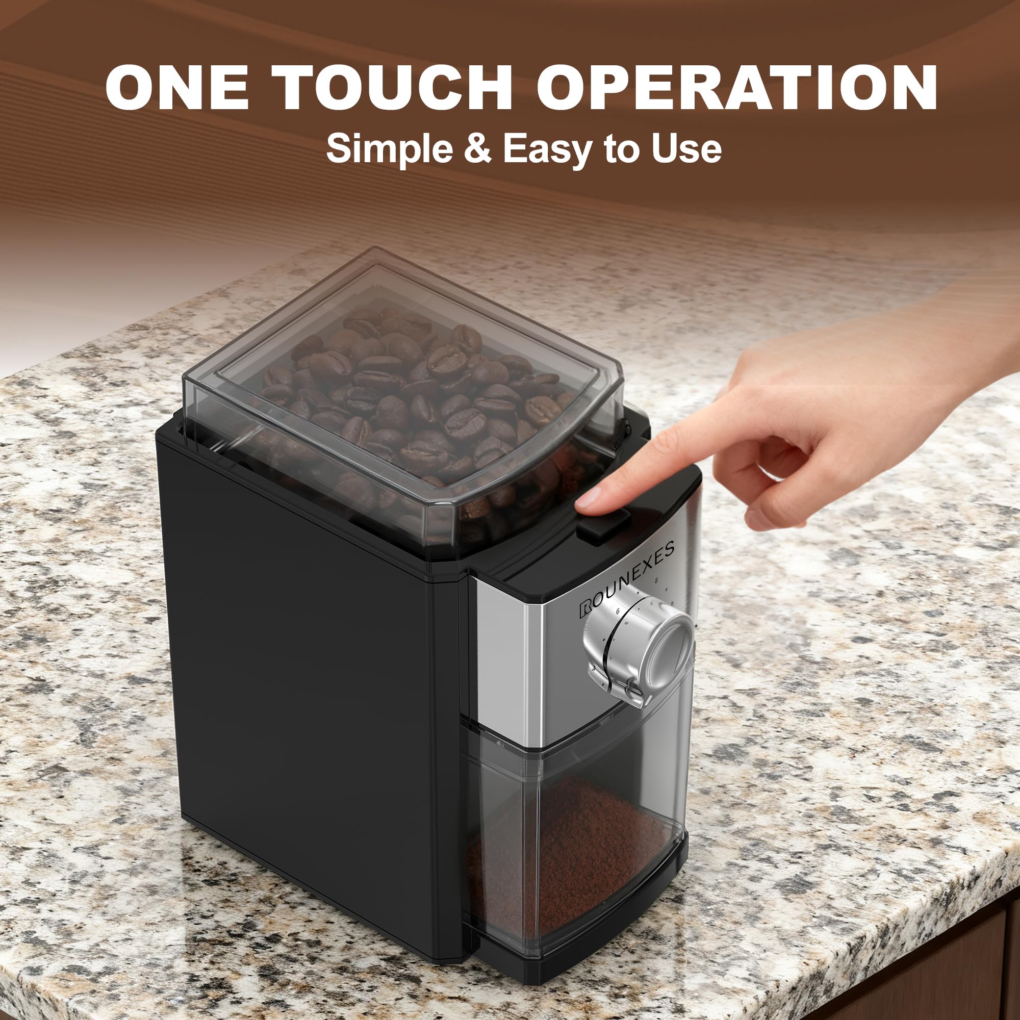 ROUNEXES Electric Flat Burr Coffee Grinder, Compact Coffee Grinder for Home Use, Burr Mill Grinder with 17 Precise Grind Settings, 7oz Large Hopper, Removable Burr & Coffee Container — view 5