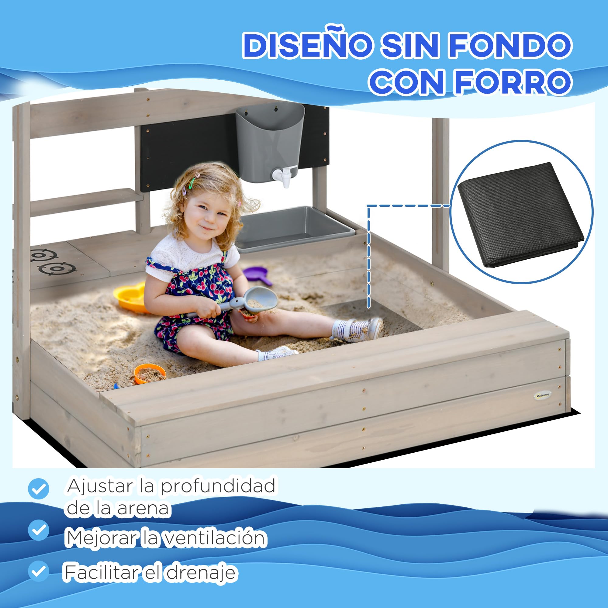 Outsunny Arenero Infantil de Madera con Techo Ajustable, 114x110x110 cm, Gris