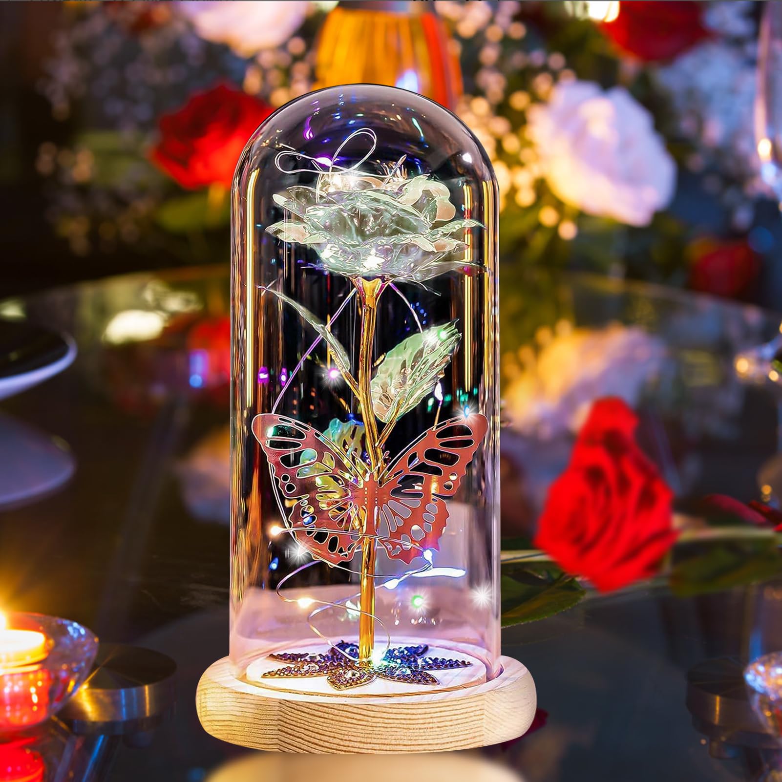 Eternal Rose Flower Birthday Gift for Her,Gift Box with Infinity Colorful Artificial Rose Flowers In Glass Dome With Led Lights,Romantic Gift for Women/Wife/Grandma/Girlfriend Anniversary Mother's Day
