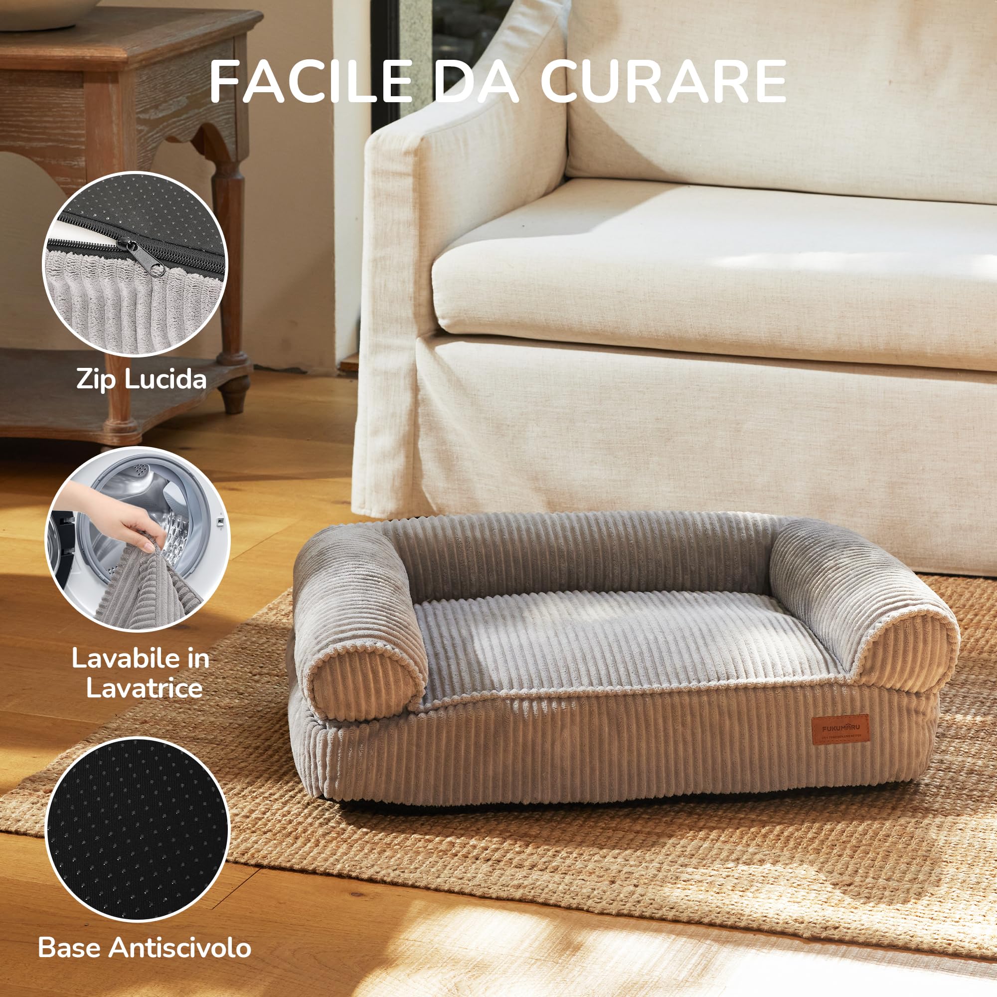 FUKUMARU Cuccia Gatto Interno,Tessuto Sfoderabile e Lavabile in Velluto a Coste, Letto per Gatti Ergonomico con Sostegno Integrato, Divano per Cani di Media Taglia, Base Antiscivolo, 72x52x22 cm