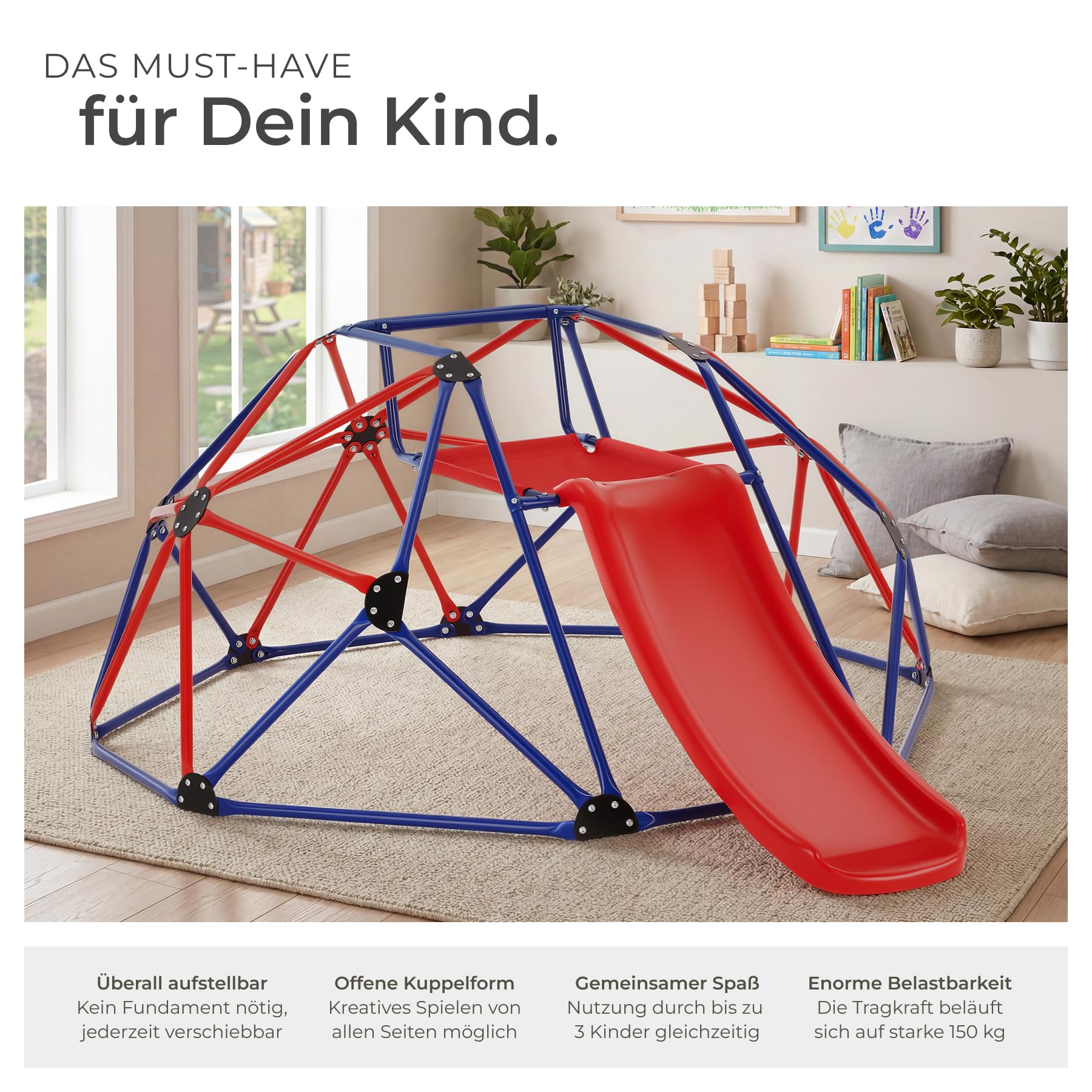 tectake® Klettergerüst, 185 x 243 x 90 cm, wetterfest, ab 3 Jahren, Sitzfläche aus Meshgewebe, inklusive 4 Heringe, Kletterturm, Spielturm, Gartenspielplatz, Kletteranlage - mit Rutsche, blau/rot
