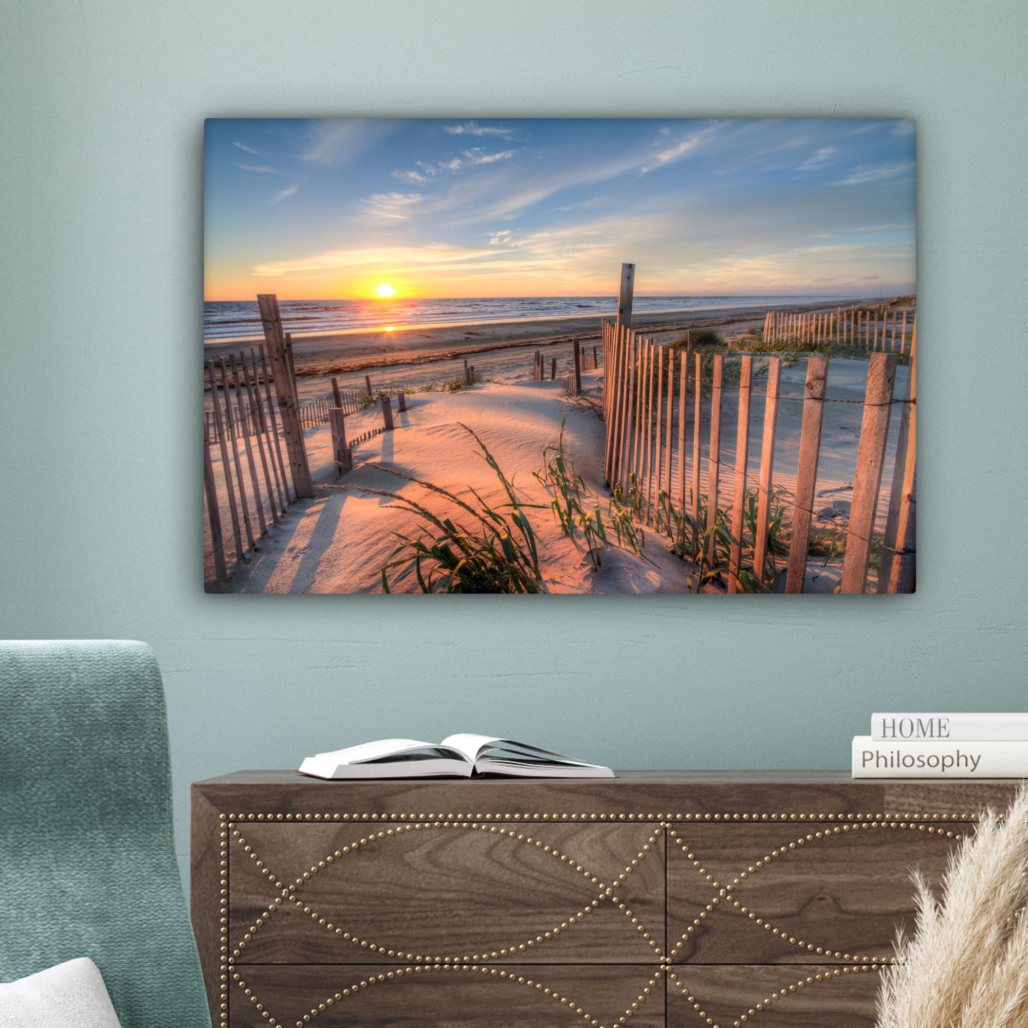 MuchoWow© Impression sur Toile Decoration Murale Peinture 90x60 cm Tableaux Decoratifs Muraux Déco Chambre Tableau Salon Dune - Coucher de soleil - Plage - Plantes - Mer