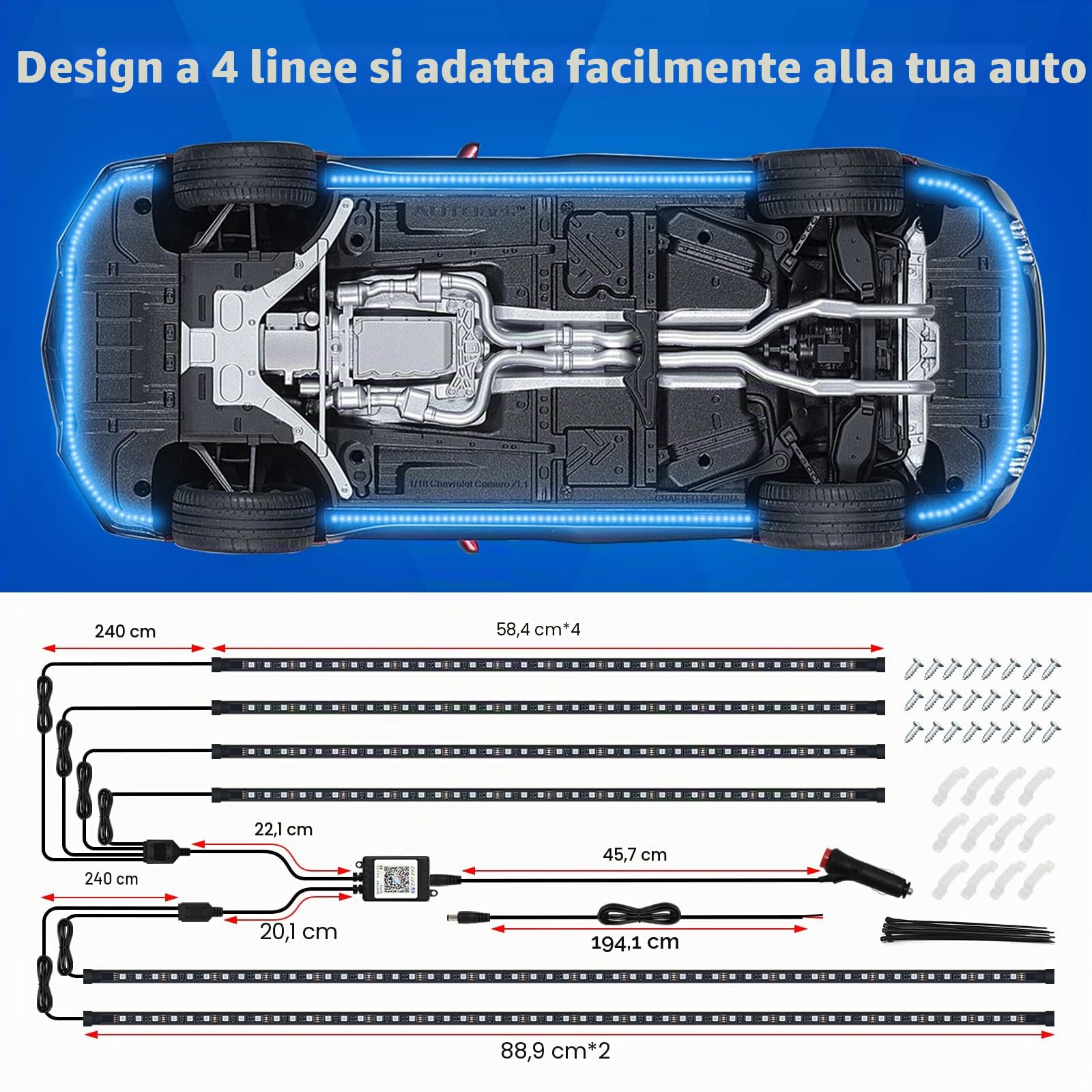 Striscia di luci LED sottoscocca per auto esterna, luci al neon universali RGB con modalità musica, kit di luci sottoscocca impermeabili multicolori - controllo app Bluetooth wireless (2×89cm+4×58cm)