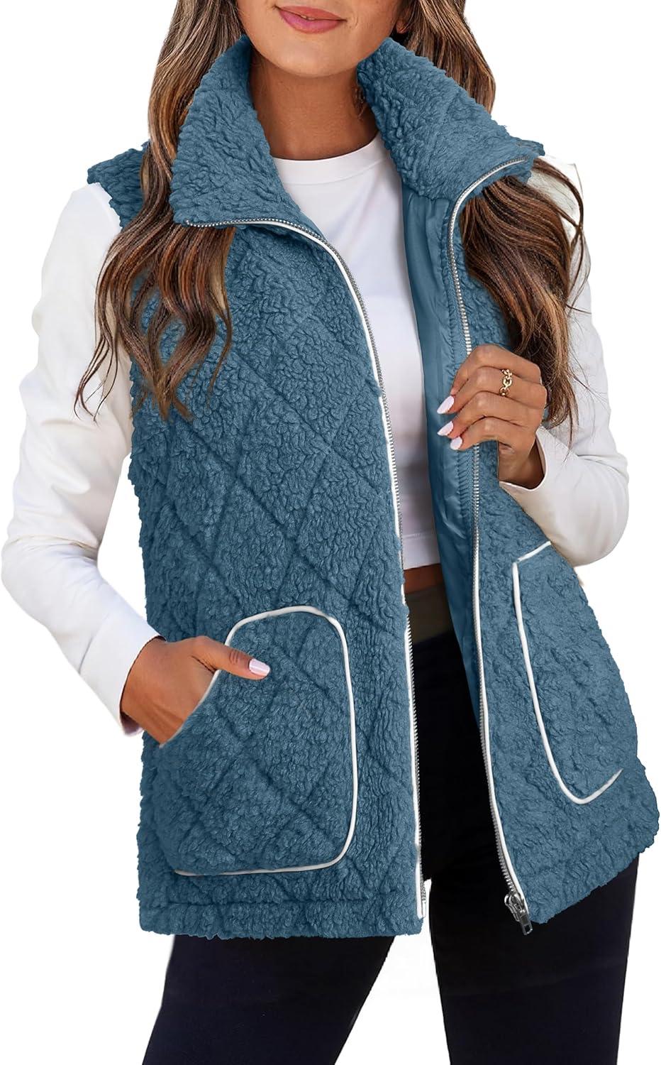 Glamaker Womens Fleece Sherpa Vest Casual Lightweight Outerwear Zip Up Sleeveless Jacket With Pockets