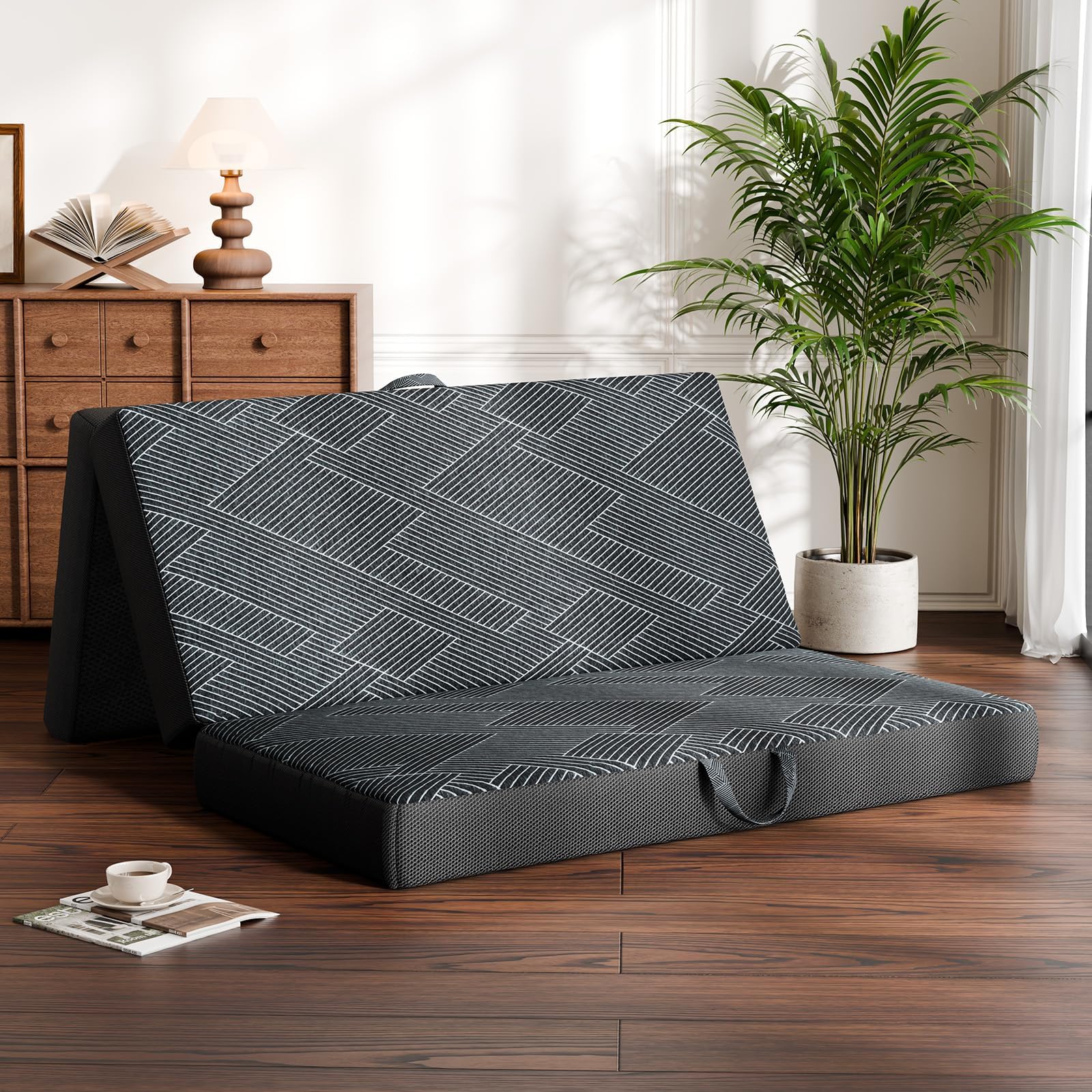 Vamcheer Tri Folding Mattress, 4 inch Full Foldable Mattress, Tri-fold Memory Foam Mat with a Collapsible and Washable Cover, Handle &amp; Non-Slip Bottom, for Travel/Guest, 73"x52"x4", Grey