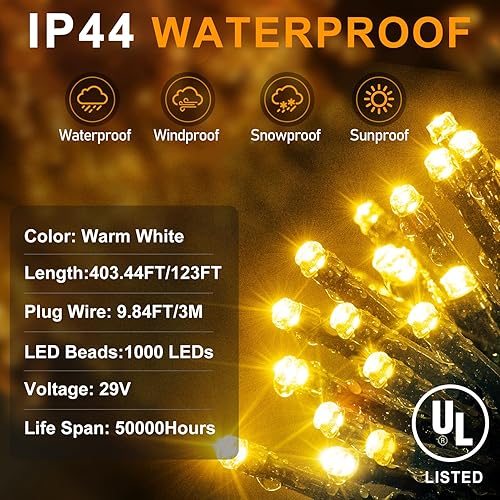Miniatura 4 de KNONEW - Tira de 1000 luces LED de Navidad para exteriores, 403 pies, 8 modos y temporizador, impermeable, para árbol de navidad de patio, fiesta de
