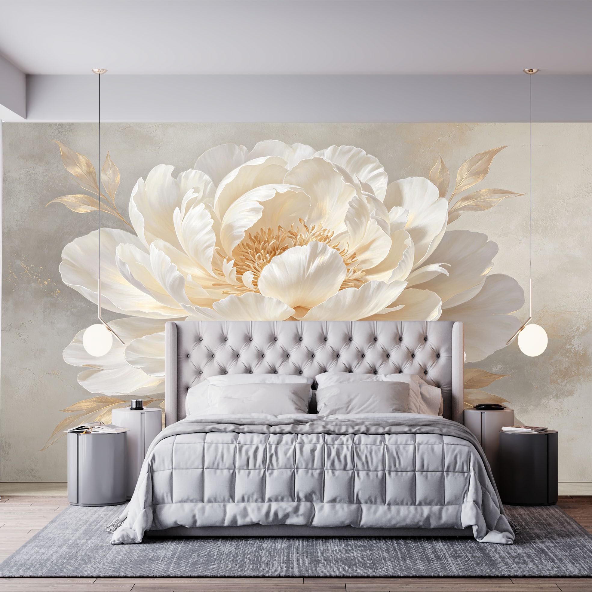 Ponadwymiarowy biały kwiat piwonii mural ścienny elegancki biały kwiat tapeta z włókniny nowoczesna luksusowa botaniczna kwiatowa fototapeta 250 x 175 cm kremowo-beżowa osłona ścienna do salonu