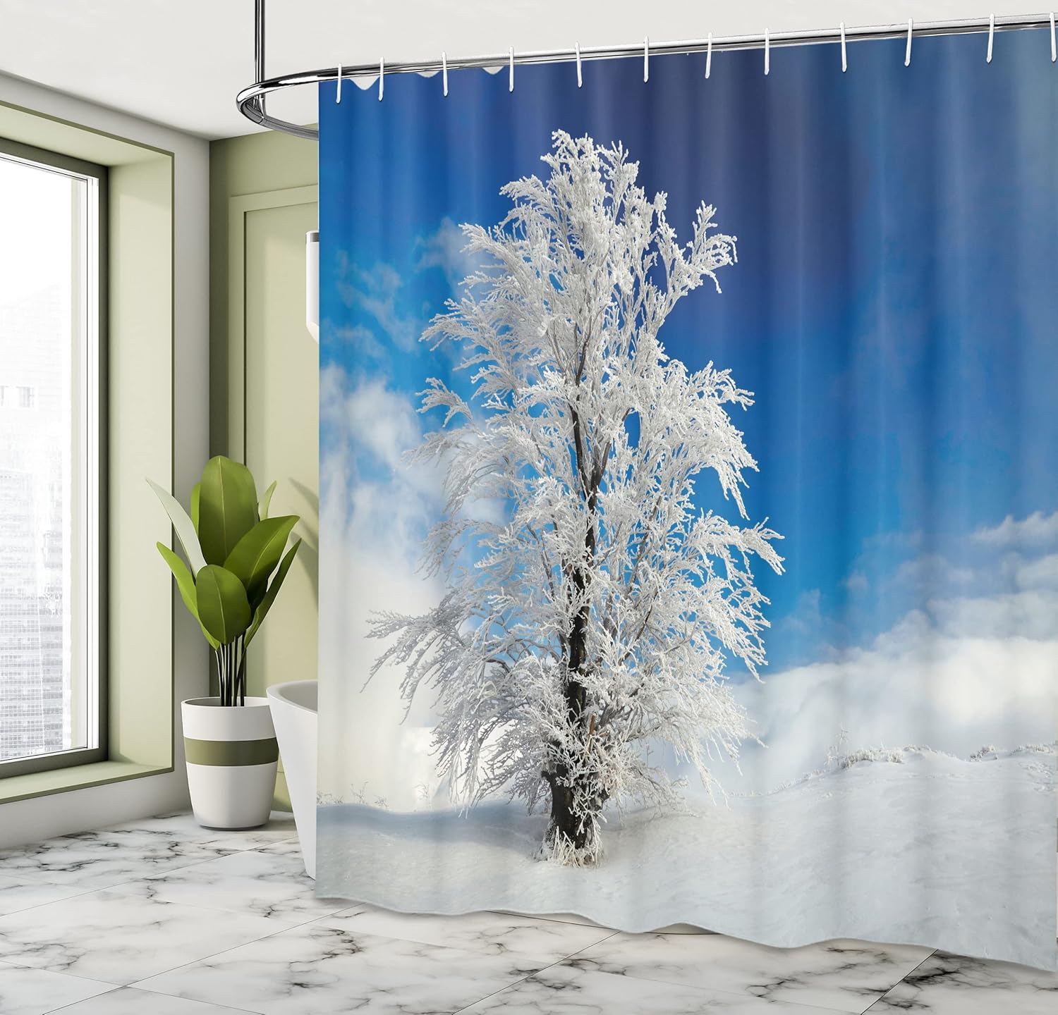 Ambesonne Winter Shower Curtain, Lonely Tree on Snow Covered Land Cloudy Sky Rural Scenery in January Cold Country, Cloth Fabric Bathroom Decor Set with Hooks, 69" W x 70" L, Blue White