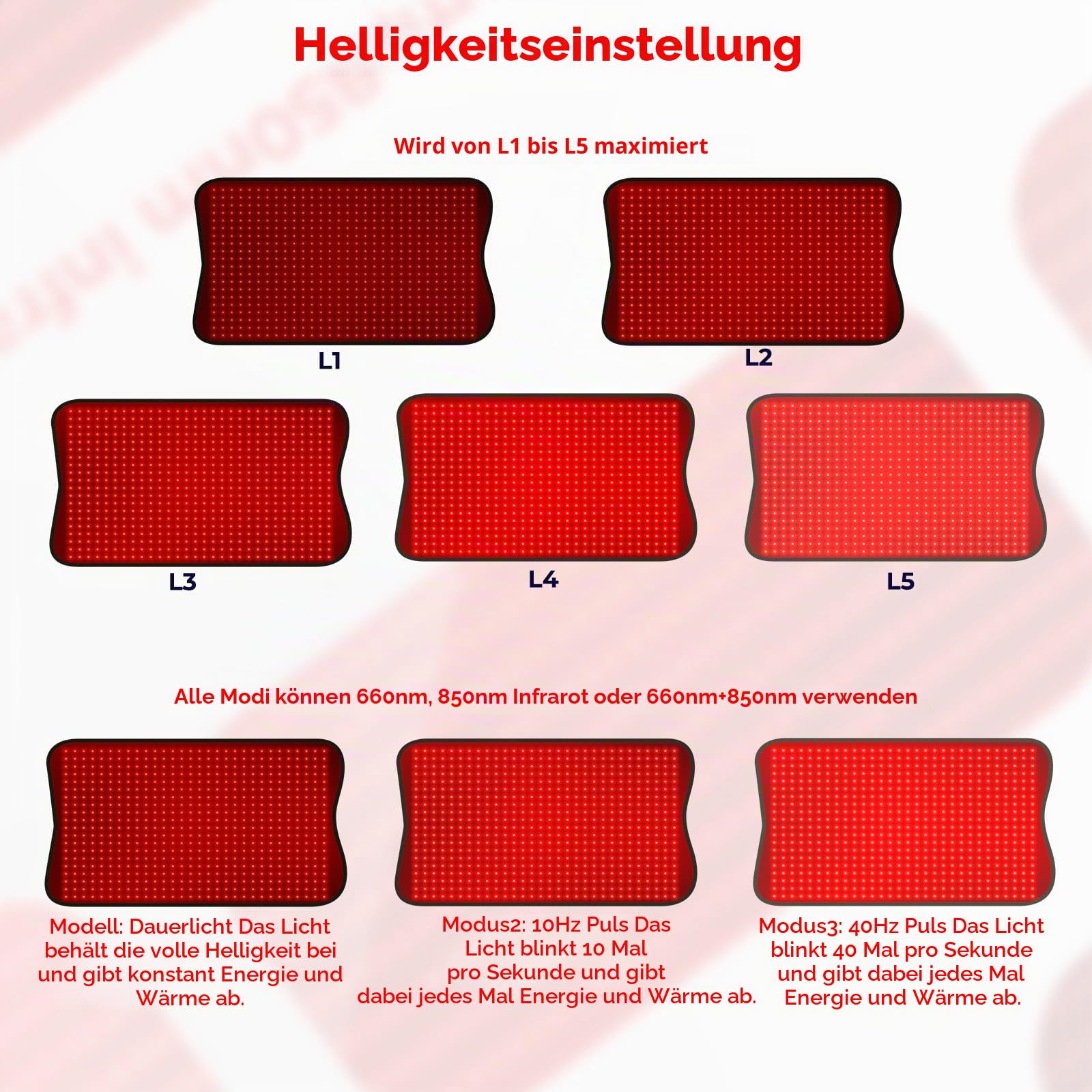 600 LED Rotlichtpad, 120 cm x 60 cm großes Rot und Nahinfrarotlichtpad für den ganzen Körper, 660 nm & 850 nm, 6 Timerstufen & 5 Helligkeitseinstellungen, 3 Modi