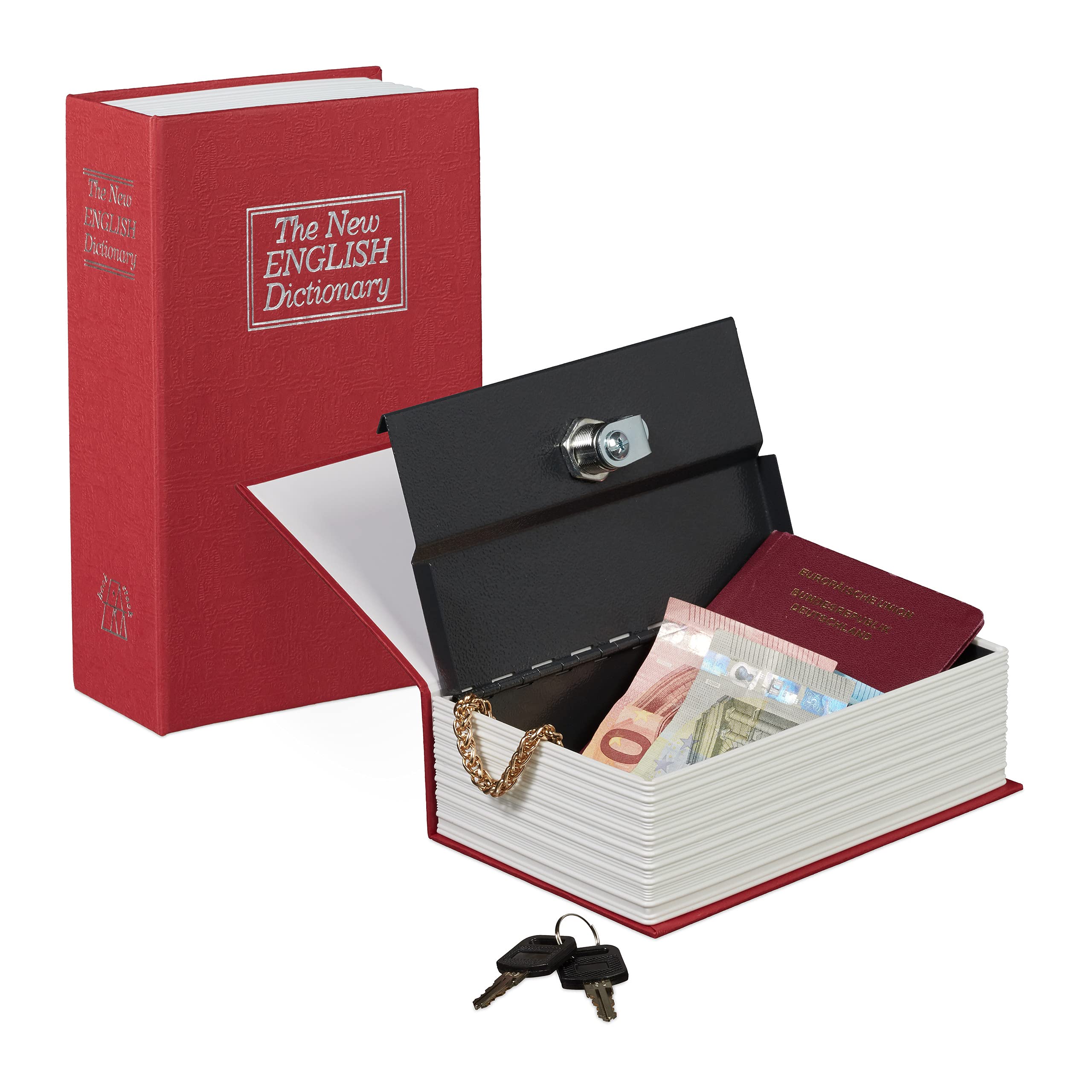 Relaxdays Book Safe with Key, Small, in Book Shape, Steel Compartment, 18 x 11.5 x 5.5 cm, Red
