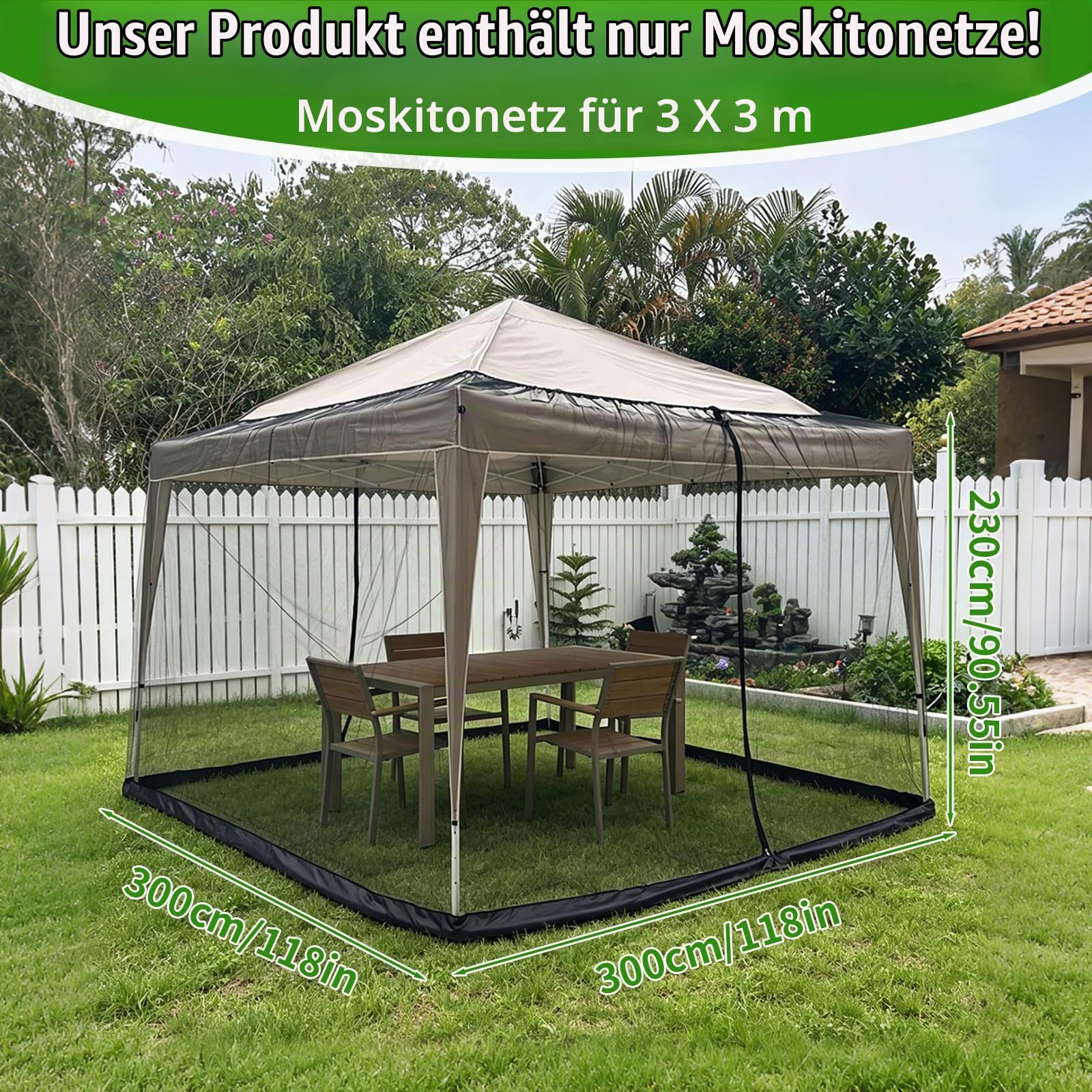 Moskitonetz für Pavillon 3x3 m, Insektenschutz Gazebo mit 2 Reißverschlusstüren & wasserbefüllbarem Standfuß, Fliegengitter Verstellbar für Garten, Terrasse & Camping
