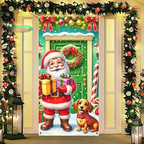 Miniatura 18 de Cubierta de puerta de Feliz Navidad de 71 x 35 pulgadas, pancartas para puerta de porche delantero, decoración de invierno, Papá Noel negro con la