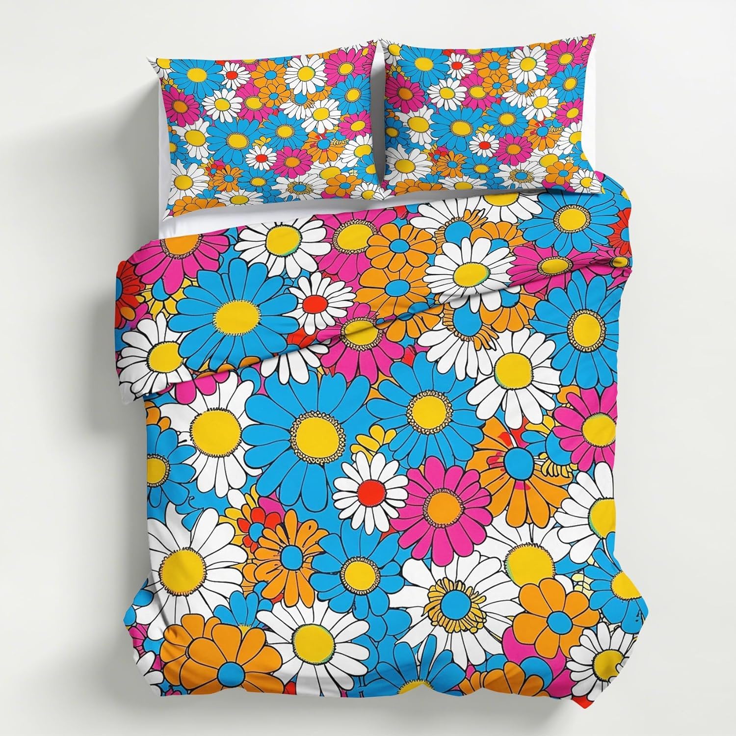 Parure de lit 3 pièces fleurs pop style hippie vintage avec housse 240x220