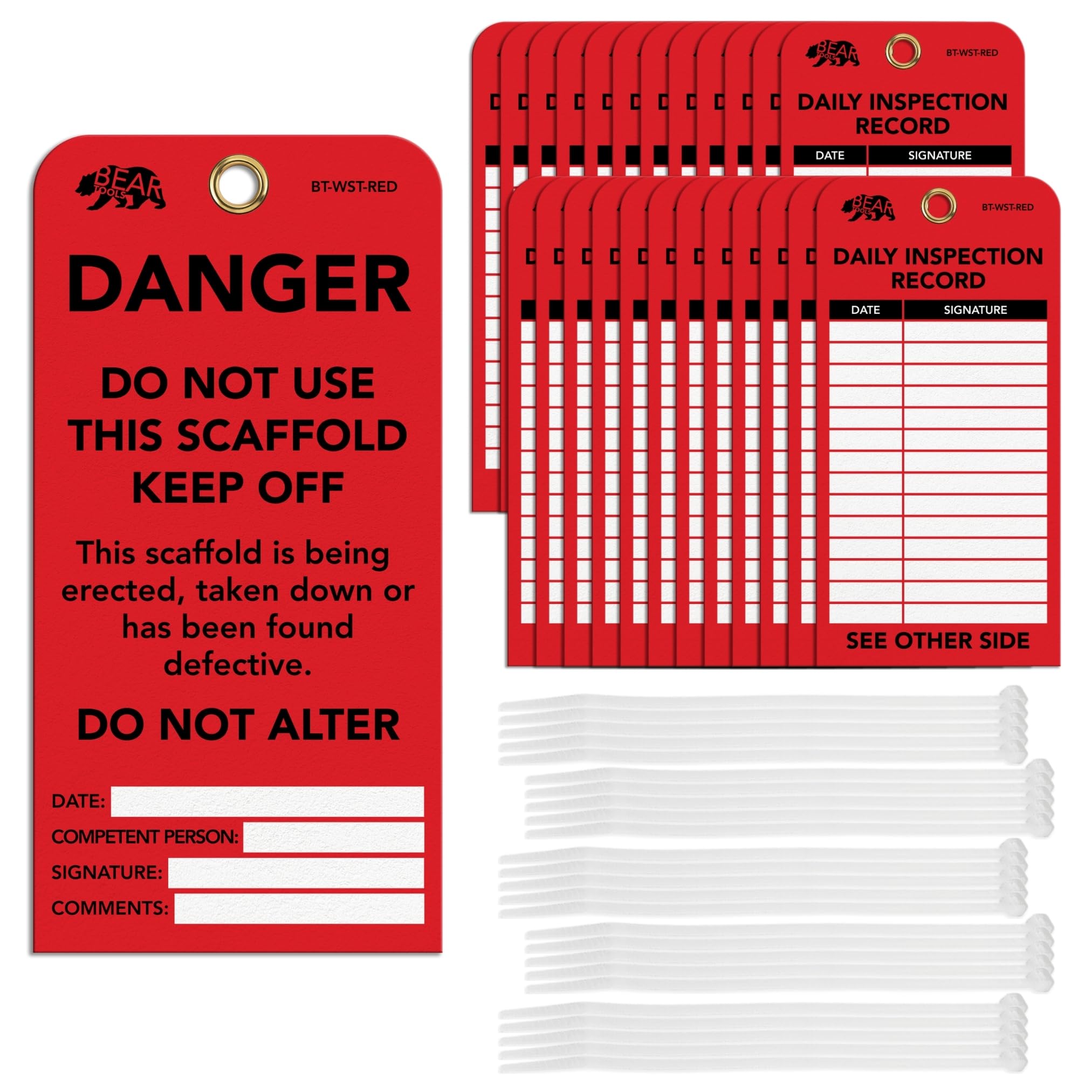 BearTOOLS Scaffold Tags - Safety Inspection Kit with Cable Ties - Danger Scaffold Status Warning Sign - Laminated 3 x 6 in, Pack of 25 - Weatherproof,