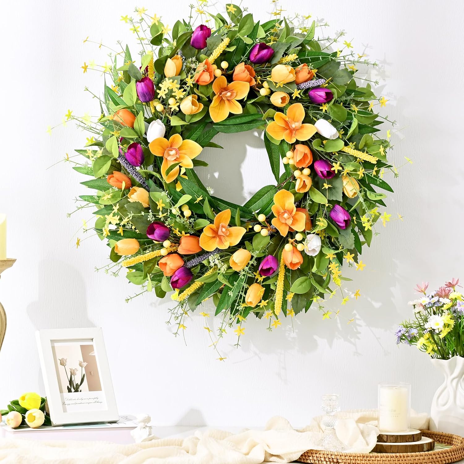 Waipfaru 24in Spring Wreaths for Front Door, Spring Summer Door Wreath, Tulip Easter Wreath with Colorful Tassels, Eucalyptus Leaves, Spring Decor for Indoor Outdoor Farmhouse Home Porch Wall Decor