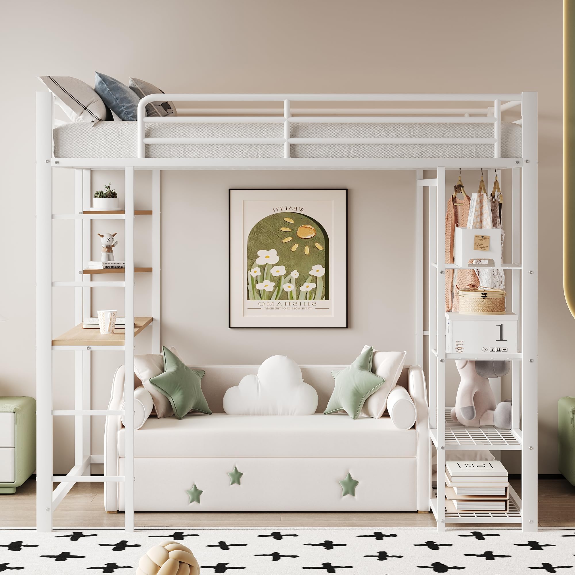 Dolamaní Letto a soppalco 90 x 200 cm, con scrivania e mensola, per ragazzi e adulti, capacità di carico 120 kg, letto in metallo con rete a doghe, stabile e aperto, bianco
