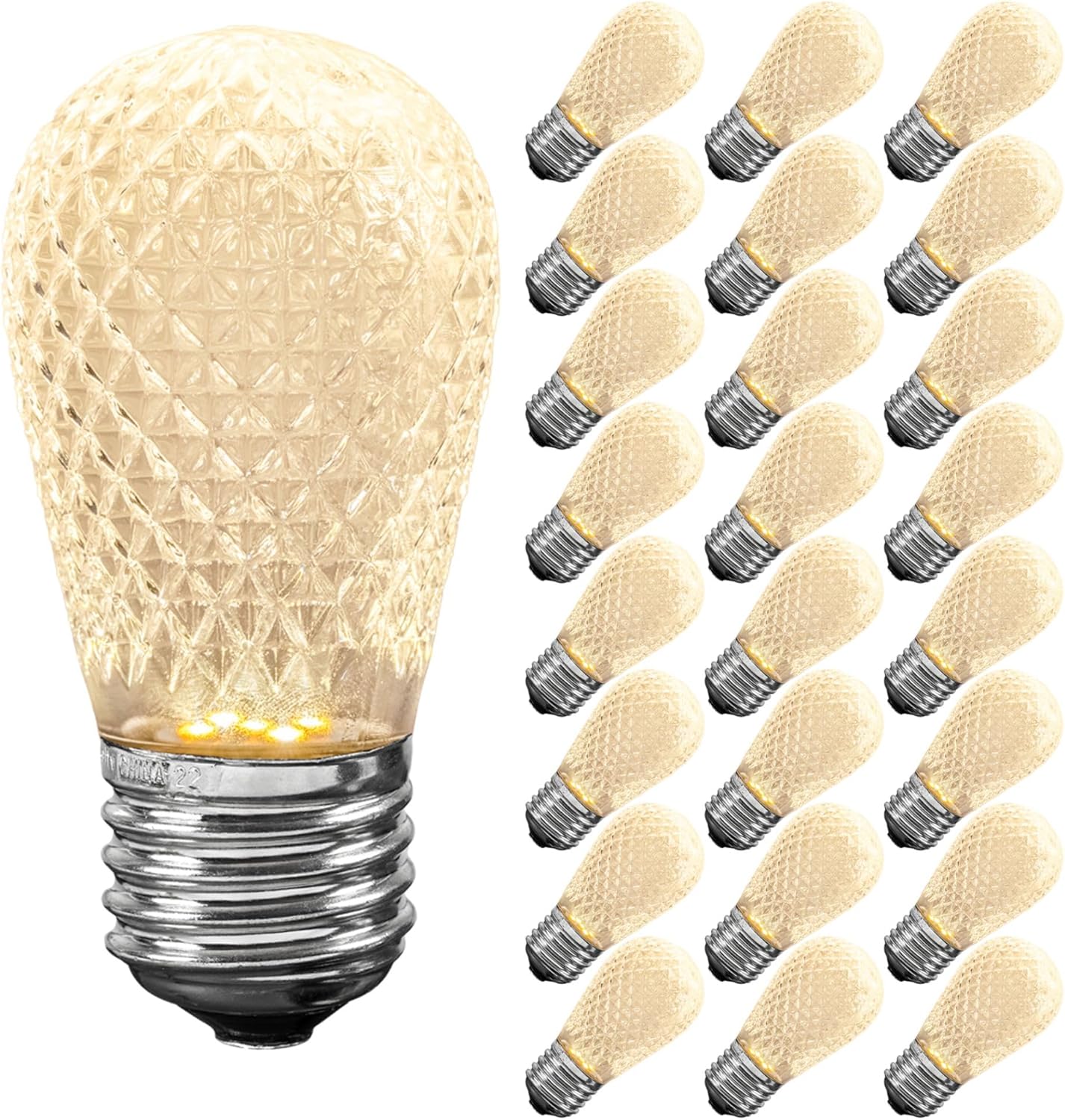 Novelty Lights 25 Pack Warm White LED S14 Bulbs for Outdoor String Lights, Faceted Dimmable Shatterproof Replacement Light Bulbs, 0.8W E26 Medium Base Edison Bulbs
