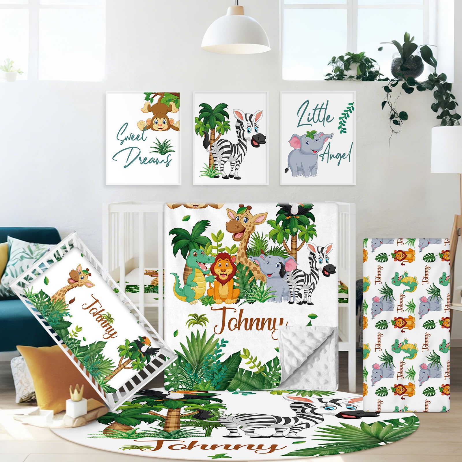 Hatchaa Personalized Baby Crib Bedding Set, 5 Pcs Custom Name Nursery Bedding Set for Boys Girls, Safari Animals Theme Baby Bedding Sets, Flannel