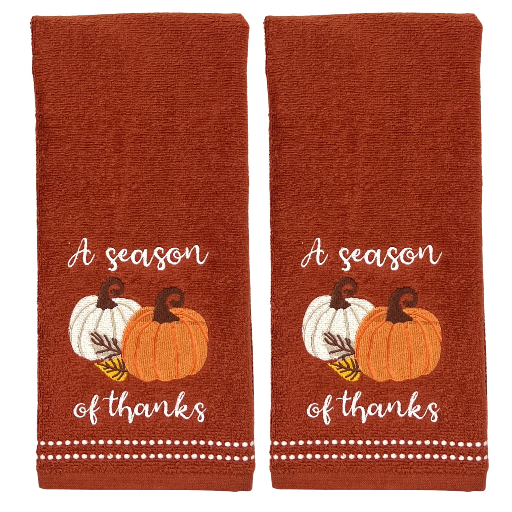 Fall Bathroom Hand Towels – Set of 2 Rust Orange 100% Cotton Embroidered Pumpkins & Autumn Leaves “A Season of Thanks” Design – 25 x 16” Bath & Kitchen Towels Decor