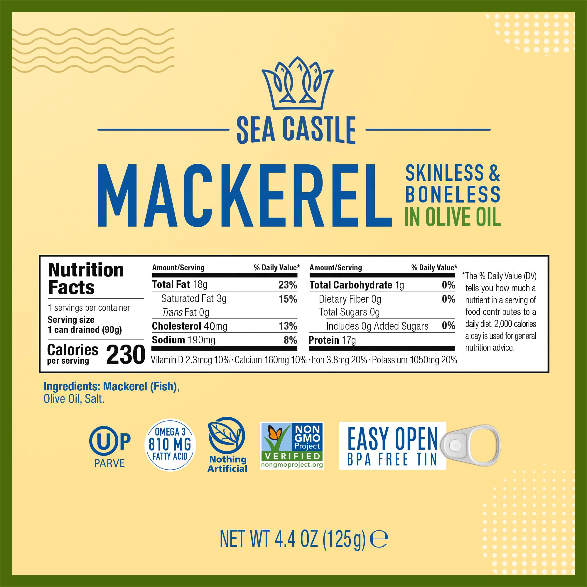 Sea Castle Mackerel in Olive Oil, 4.4oz (6 Pack) | Skinless & Boneless Canned Fish | Wild Caught Canned Mackerel Fillets | Packed with Vitamins | Non-GMO | Kosher
