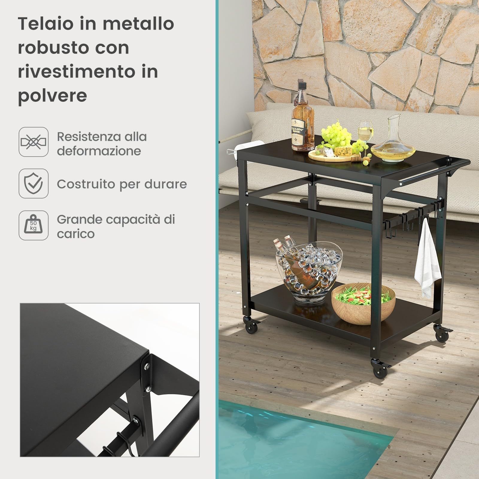 COSTWAY Carrello Barbecue da Esterno in Metallo con 2 Ripiani, 4 Ruote Bloccabili, Ganci, Maniglia Laterale