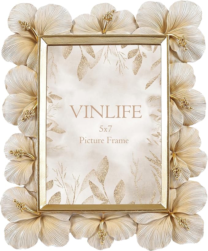 Vintage Picture Frames 5x7 Antique White and Gold Ornate Flower Picture Frame with Real Glass Tabletop and Wall Mount Old-Fashioned Decorative Gallery Wall Art