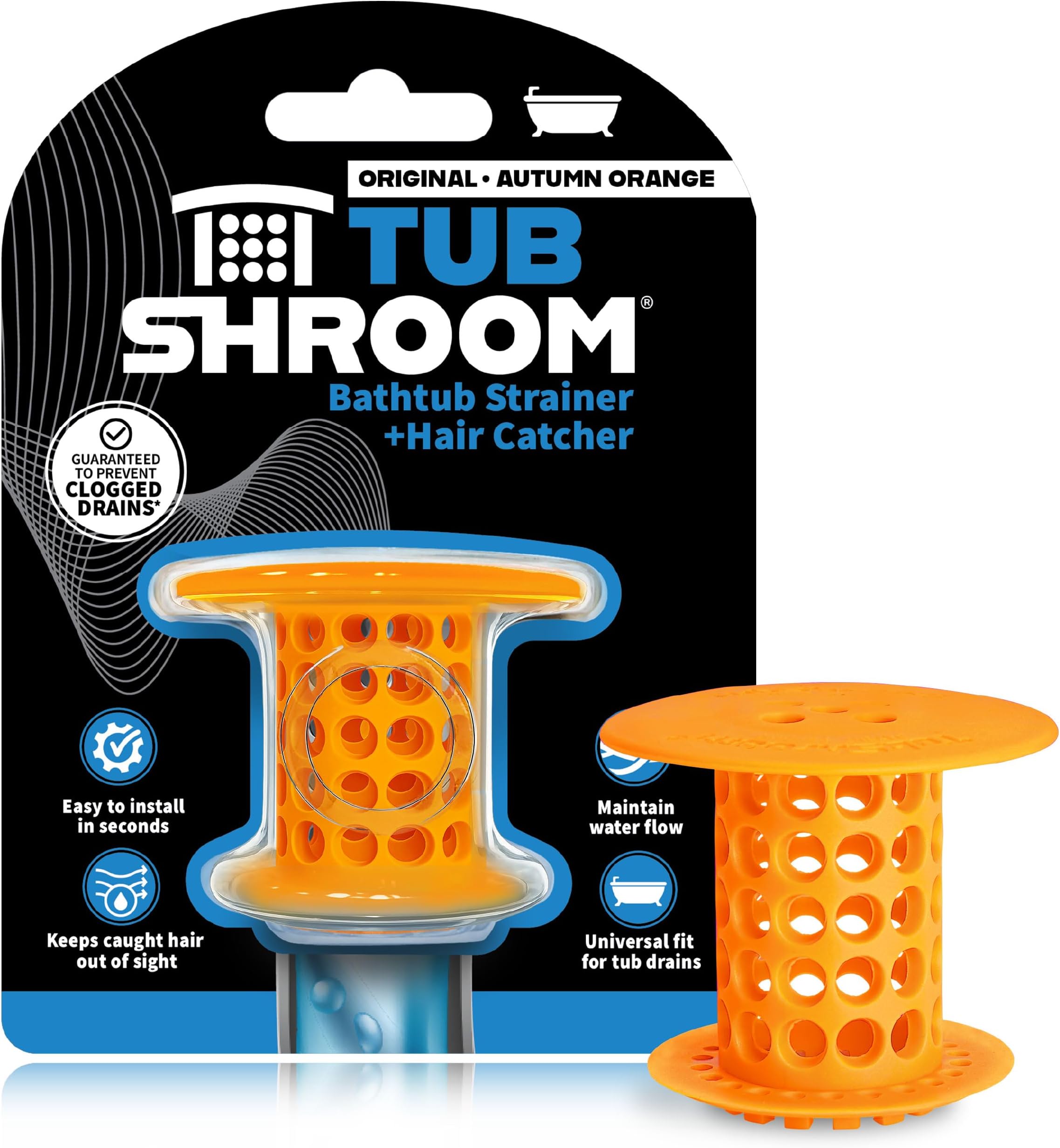 TubShroom Tub Drain Protector Hair Catcher Strainer Snare Silicone Orange Standard