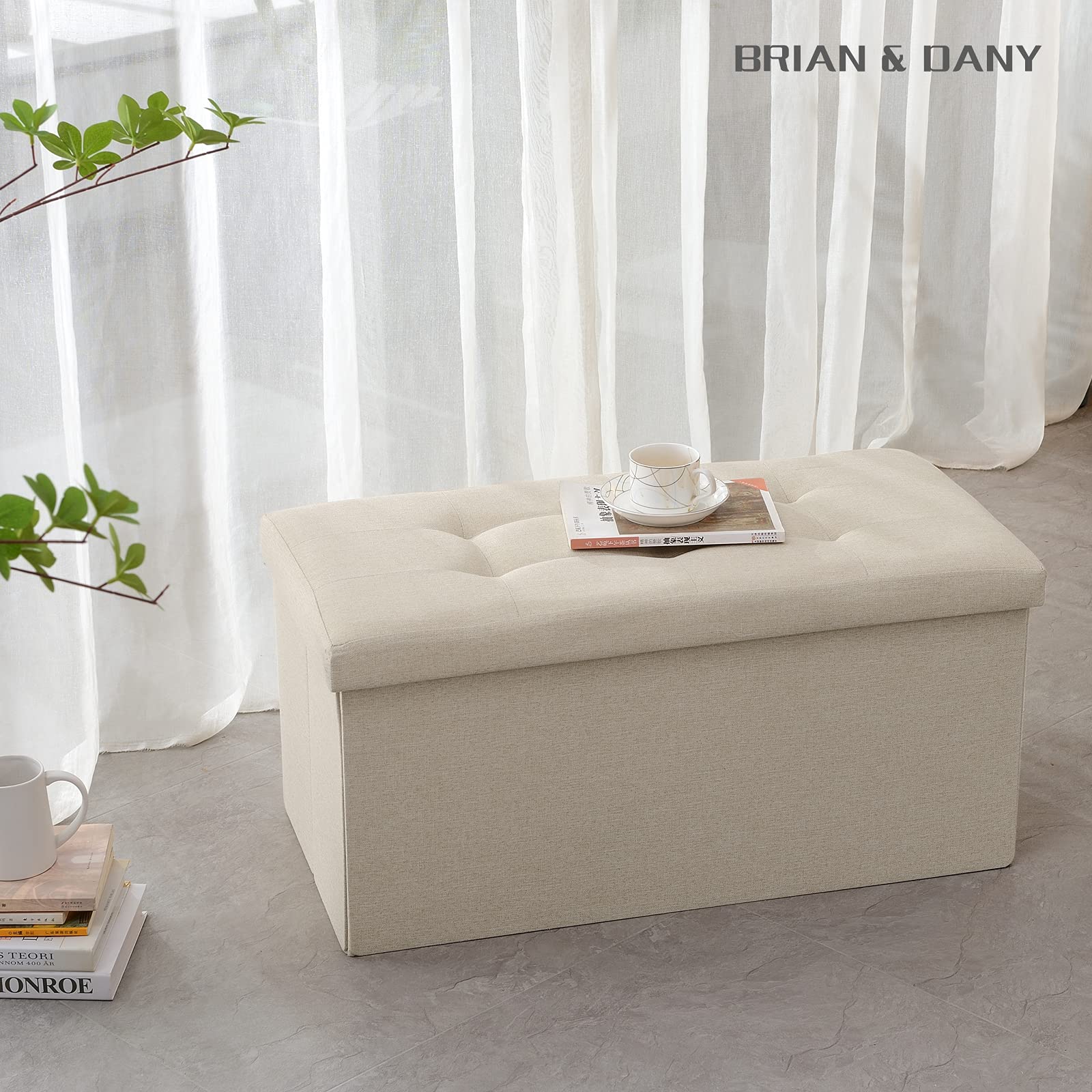 BRIAN & DANY Baúl Puff Taburete Plegable de Almacenamiento otomano, Taburete de Lino, reposapiés Plegable para Asiento - Beige, 76 x 38 x 38 cm