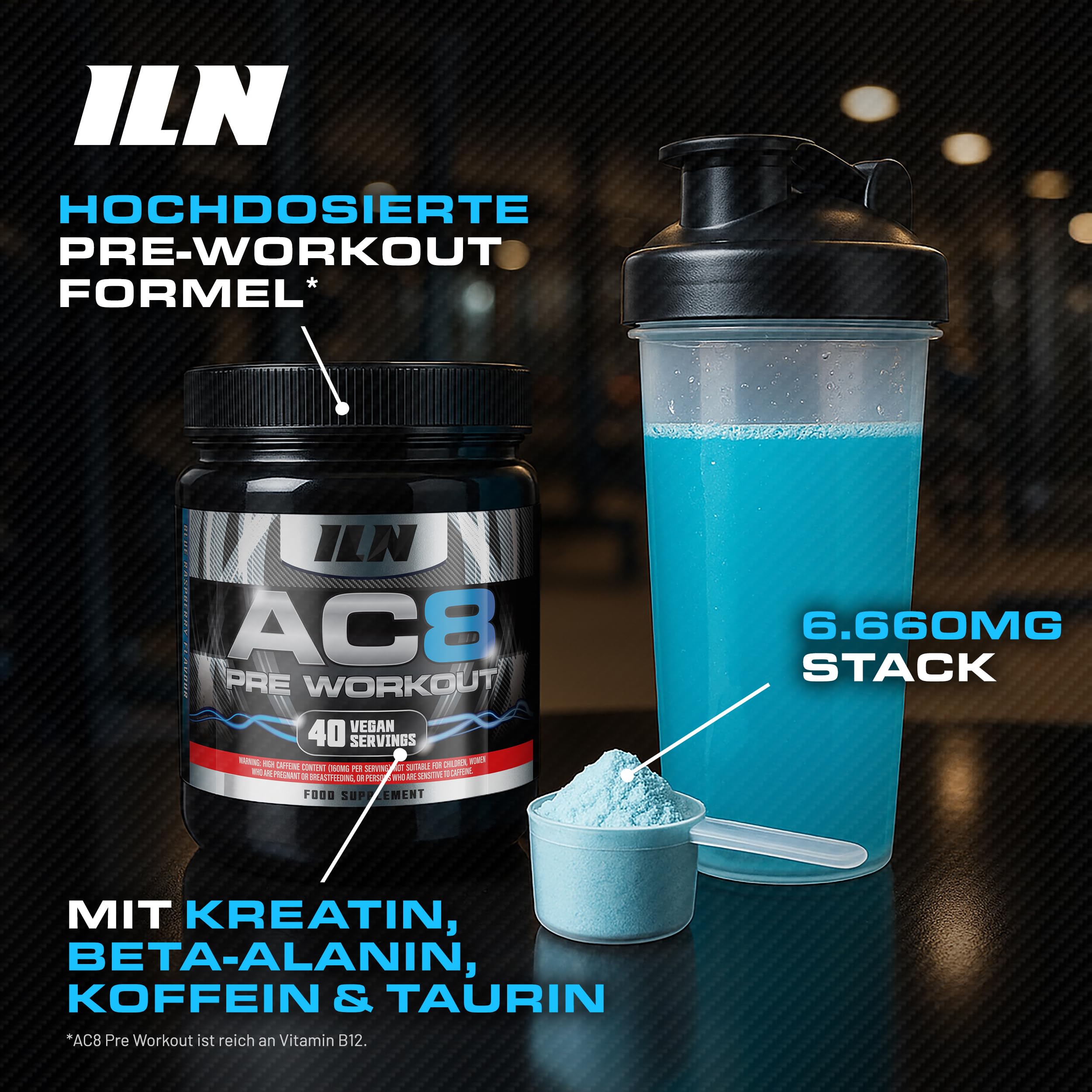 AC8 Pre-Workout Pulver Blue Raspberry - Preworkout Booster Drink mit Kreatin und Koffein - 6.660 mg Aktive je Portion - 360 g